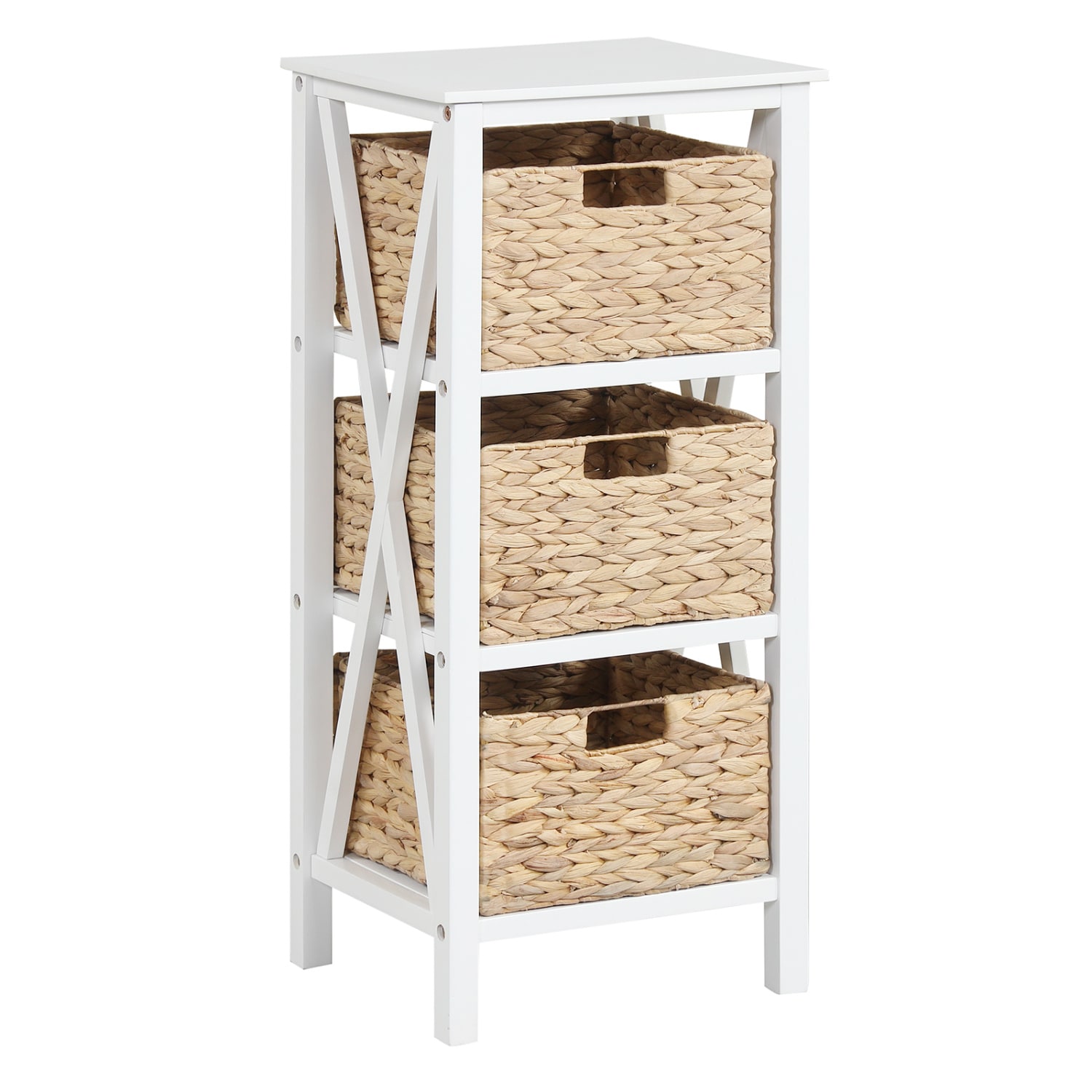 SUGIFT Seagrass Basket Nightstand 4-Tier 31.5-in with X-Frame Acacia Wood Legs featuring 200-lb Top and 80-lb Per Shelf Capacity