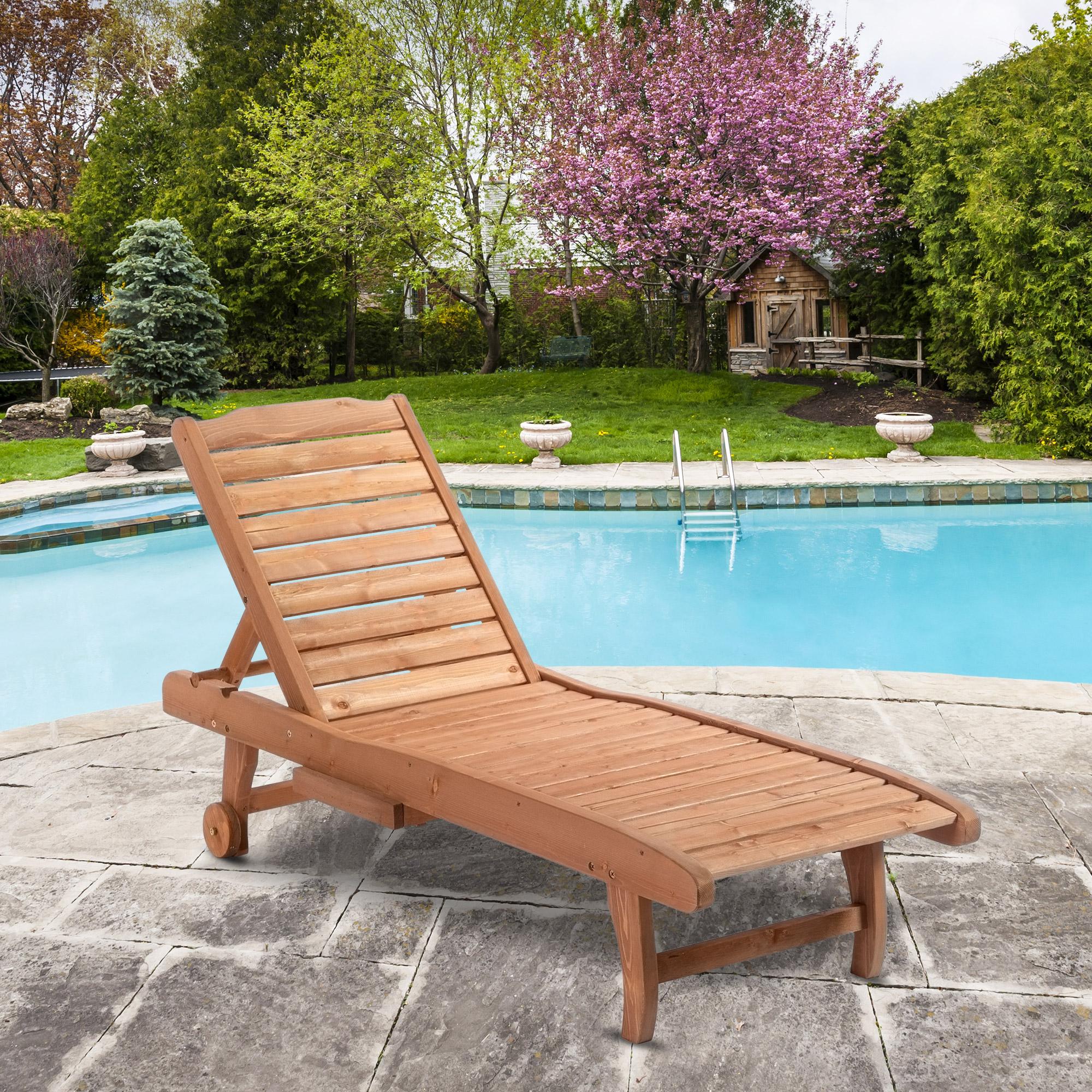 Bayfeve BFAOS-200447-OD Outdoor Chaise Lounge Chair with Wheels Natural Wood Wood Frame Stationary Chaise Lounge Chair with Brown Slat Seat