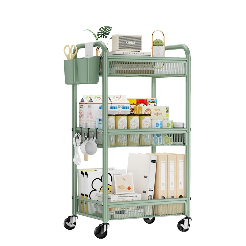 YASONIC 3 Tier Rolling Cart Metal Utility Storage Carts with Wheels Craft Carts Organizer with Hanging Cups Hooks Mesh Basket for Bedside Kitchen Office Art Green #B0FH9DGWWY