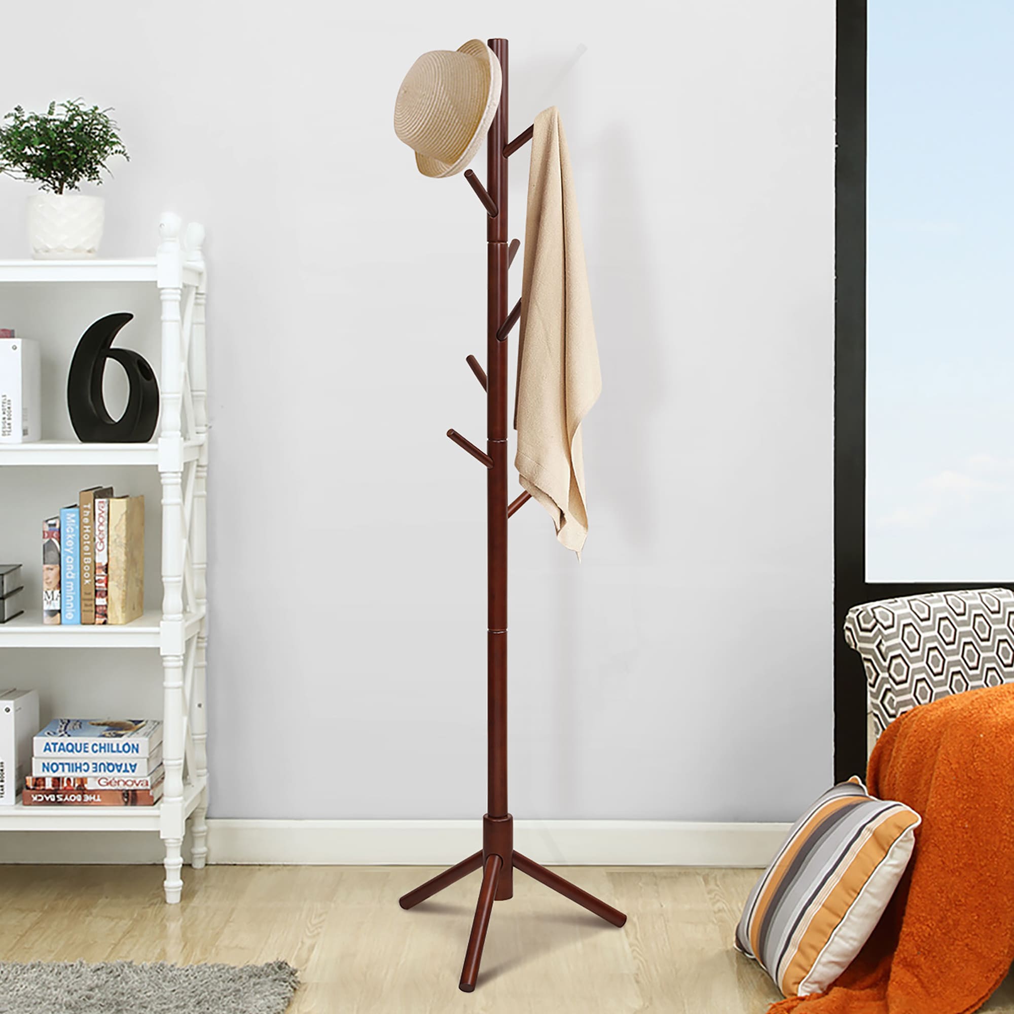 Goplus Wooden Coat Rack Stand Hall Tree Entryway Organizer 2 Heights w ...