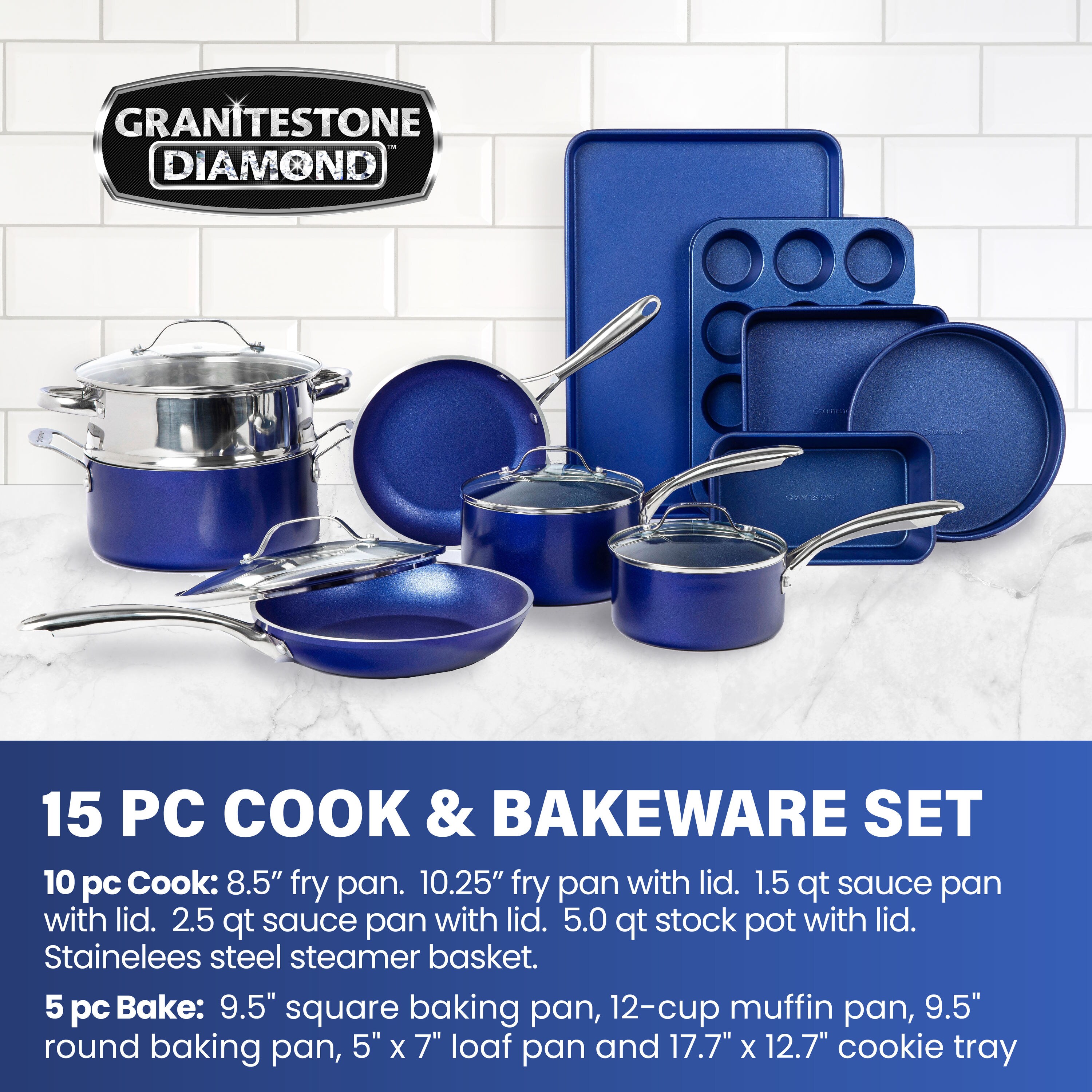 Granitestone 10-Piece Hammered Nonstick Cookware Set, Blue