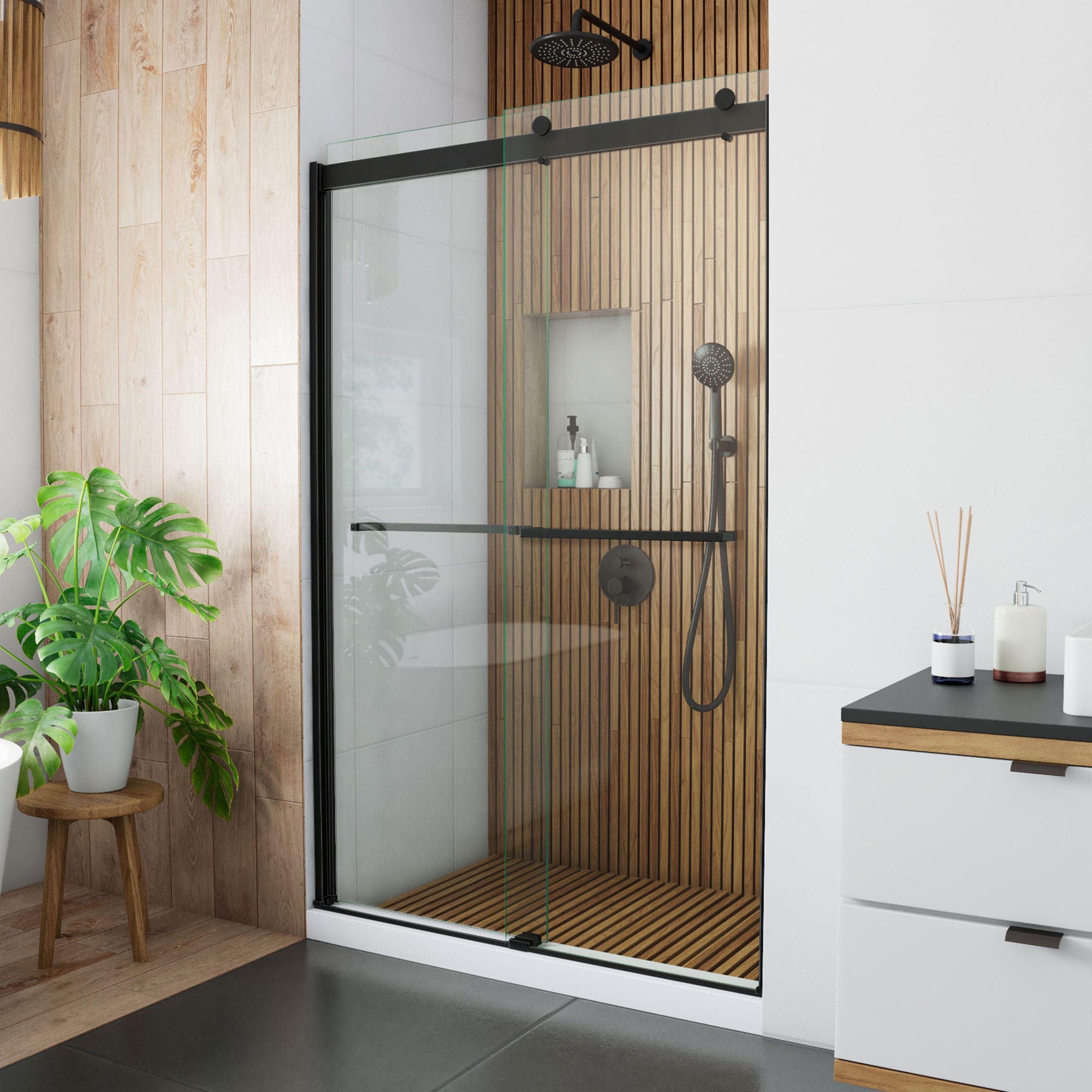DreamLine SHDR-6348762-09 Sapphire Matte Black 44-in to 48-in W x 76-in H Semi-frameless Bypass Sliding Shower door 5/16-in Thick Clear Glass