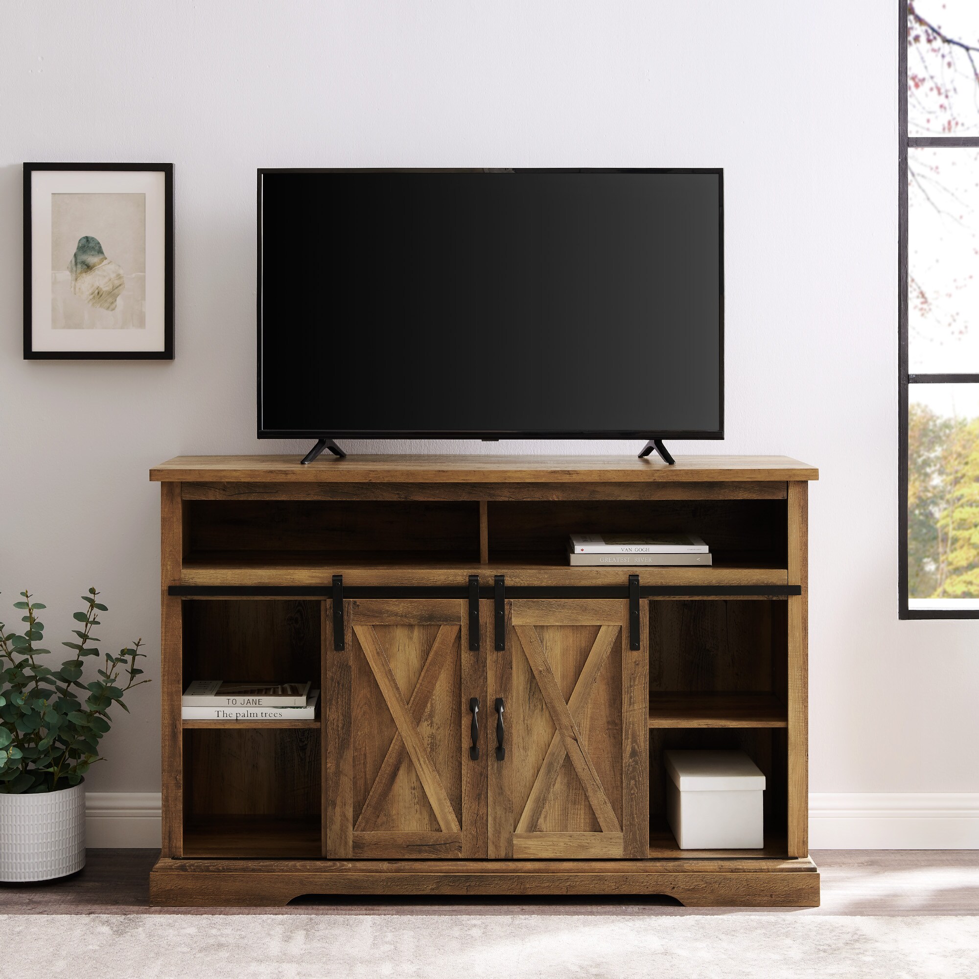 Walker Edison Transitional Rustic Oak TV Stand (Accommodates TVs up to ...