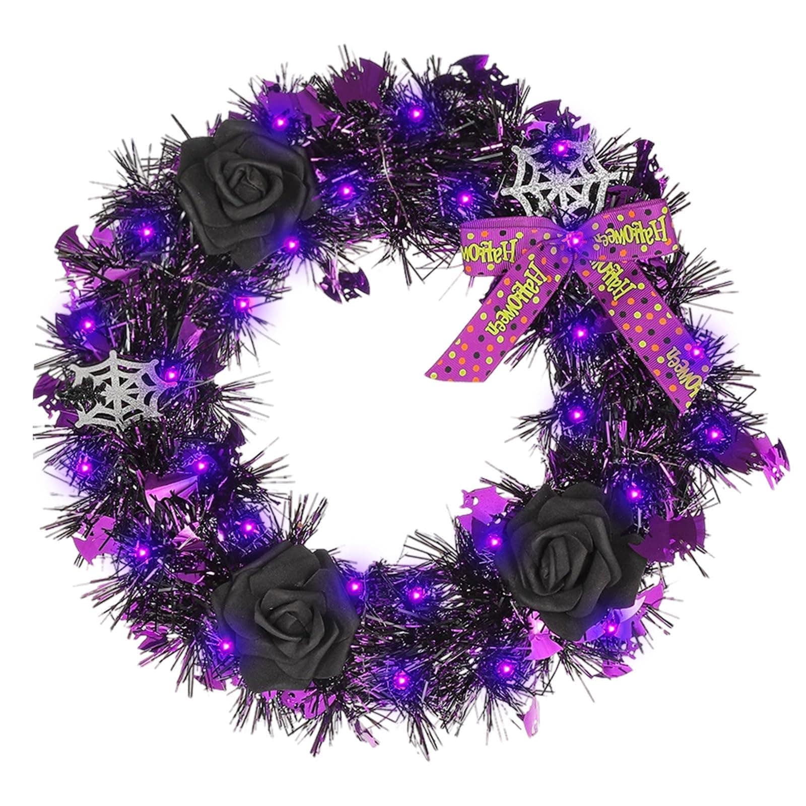Etokfoks - 13 Inch Black Pre lit Artificial Spider Web Halloween Wreath with Lights for Front Do...