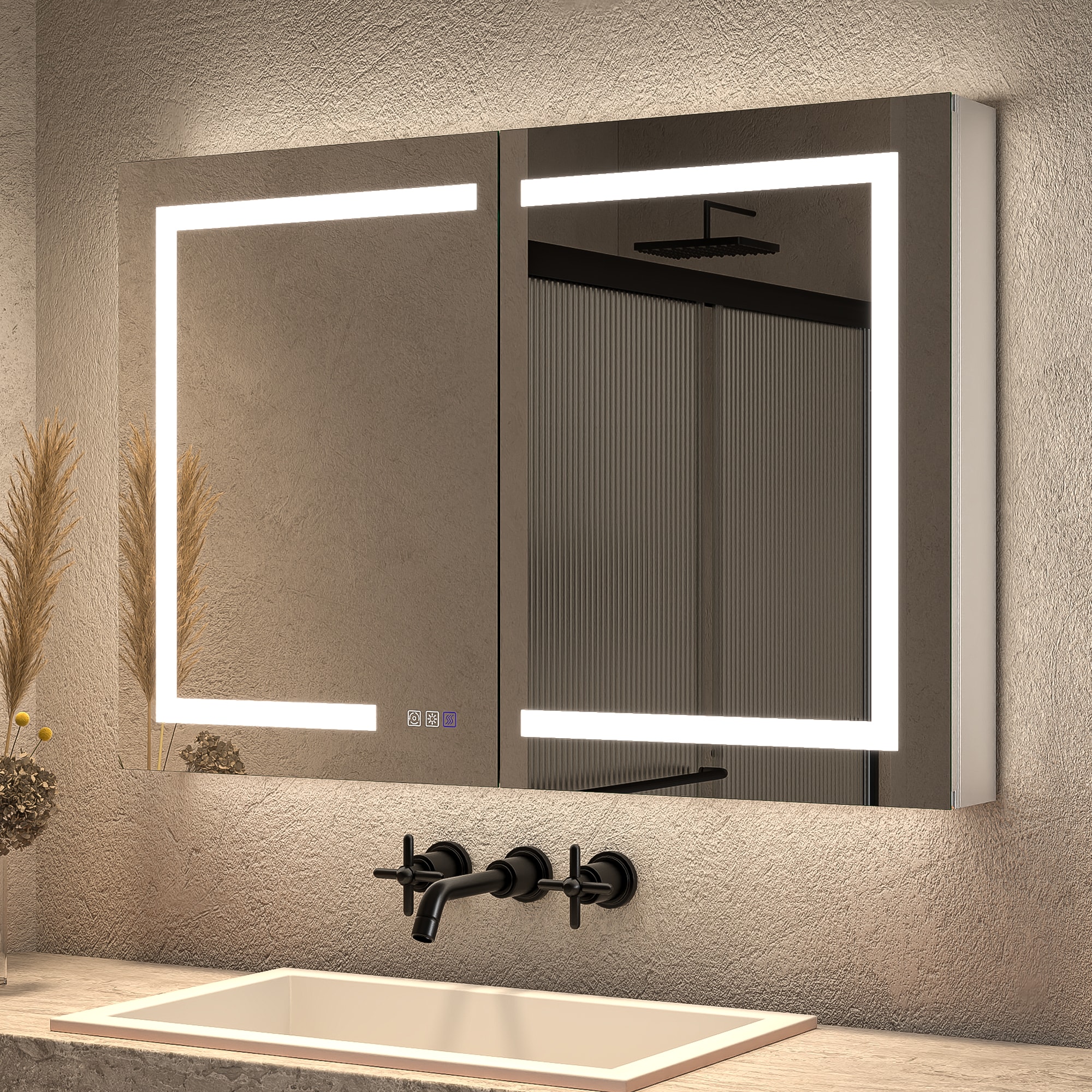 ExBrite EBMC4430V3DX Opale 44-in x 30-in Lighted LED Fog Free Surface/Recessed Mount Silvery Gray Mirrored Rectangle Soft Close Medicine Cabinet with Outlet