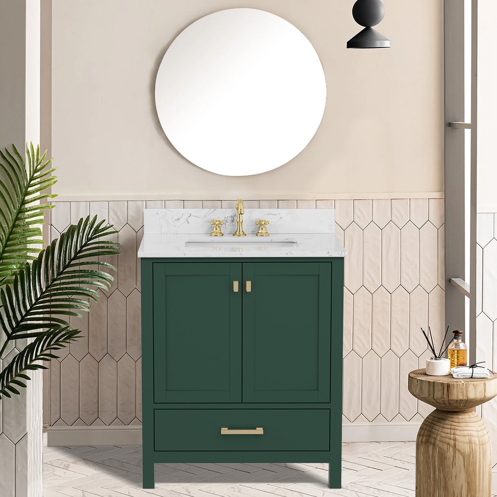 Ayelon BV 30-in Green Undermount Single Sink Bathroom Vanity with White Engineered Stone Top