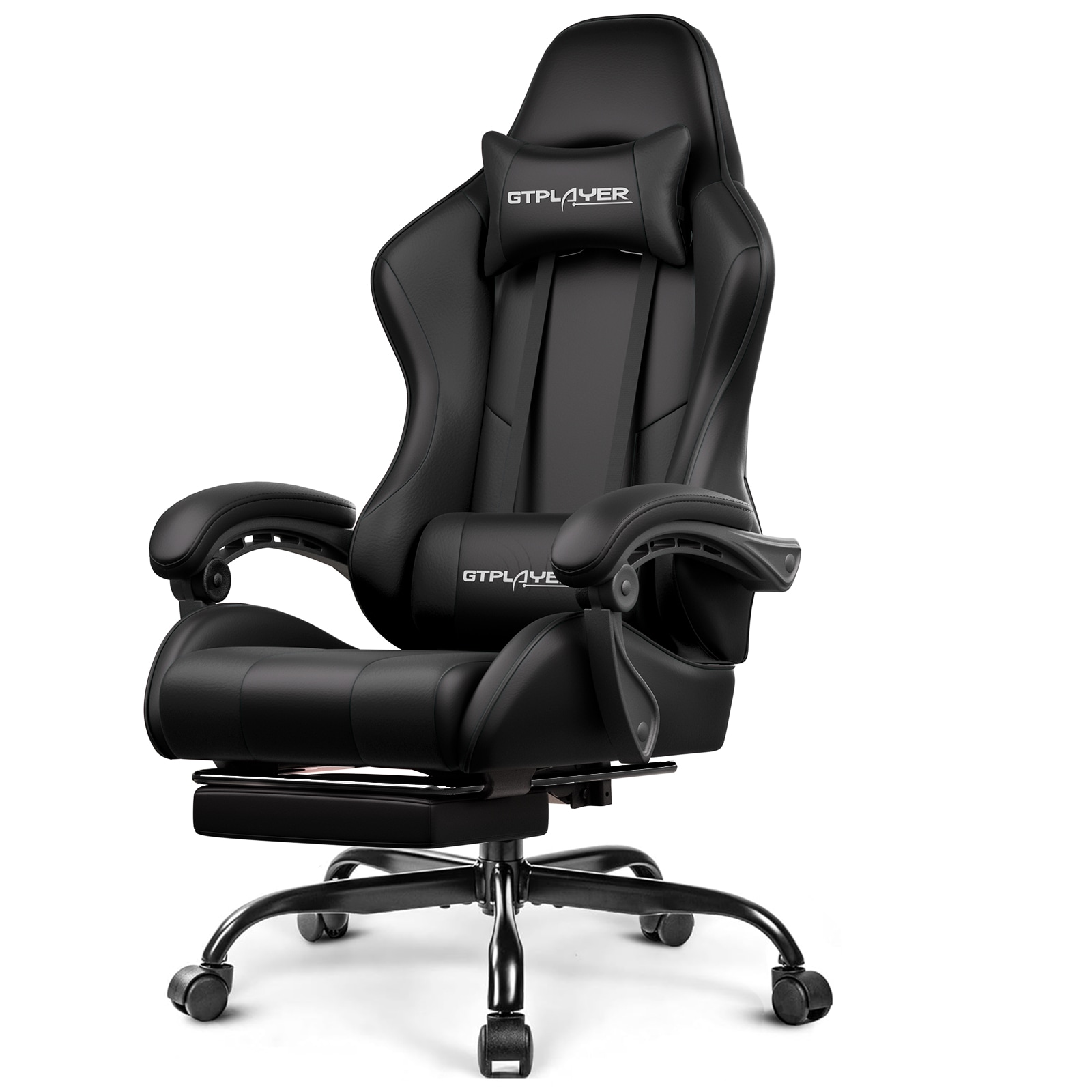 GTPLAYER Black Ergonomic Gaming Chair Faux Leather Adjustable Height Swivel Computer Chair