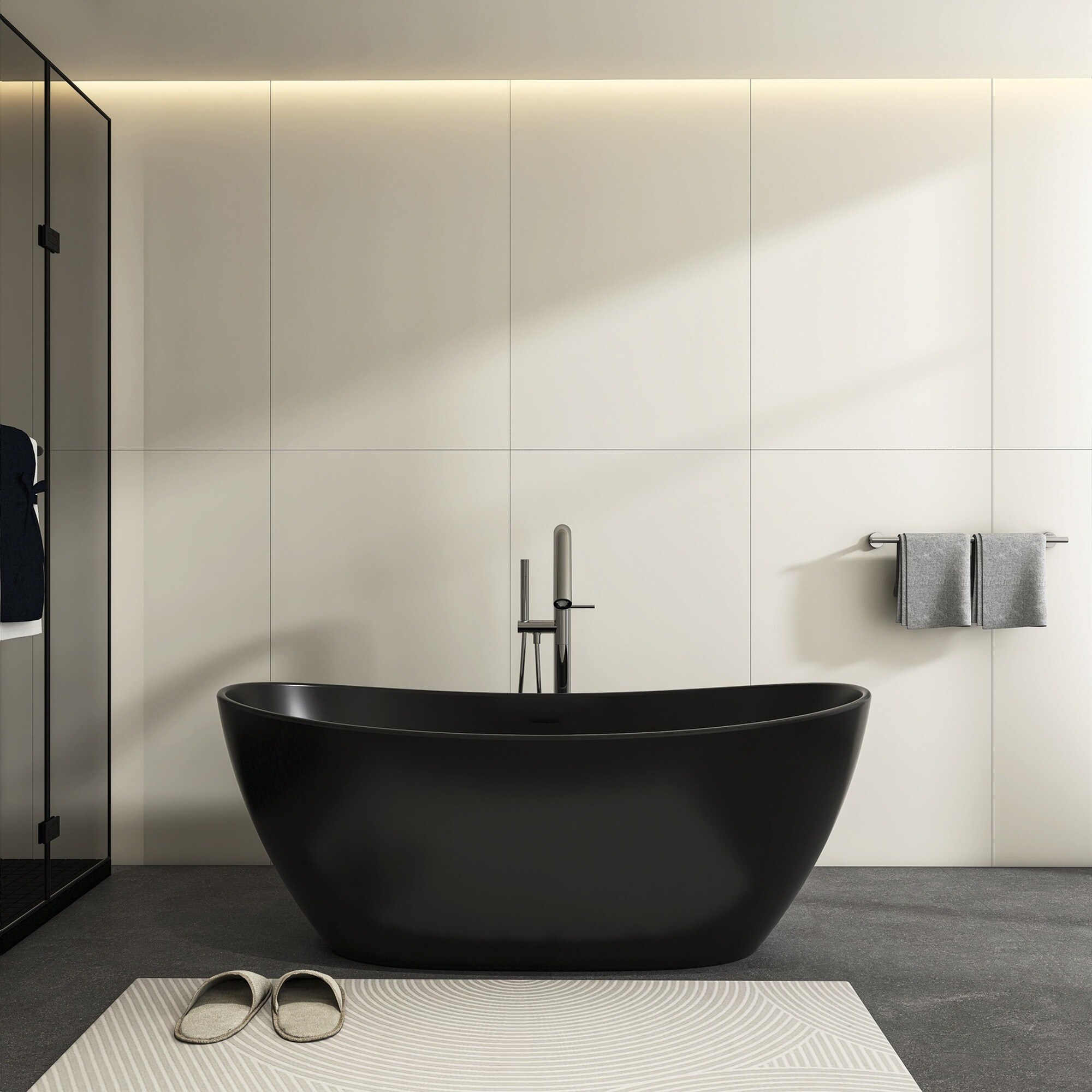 IAK 65 inch Black Matte Solid Surface Freestanding Bathtub with Ergonomic Design