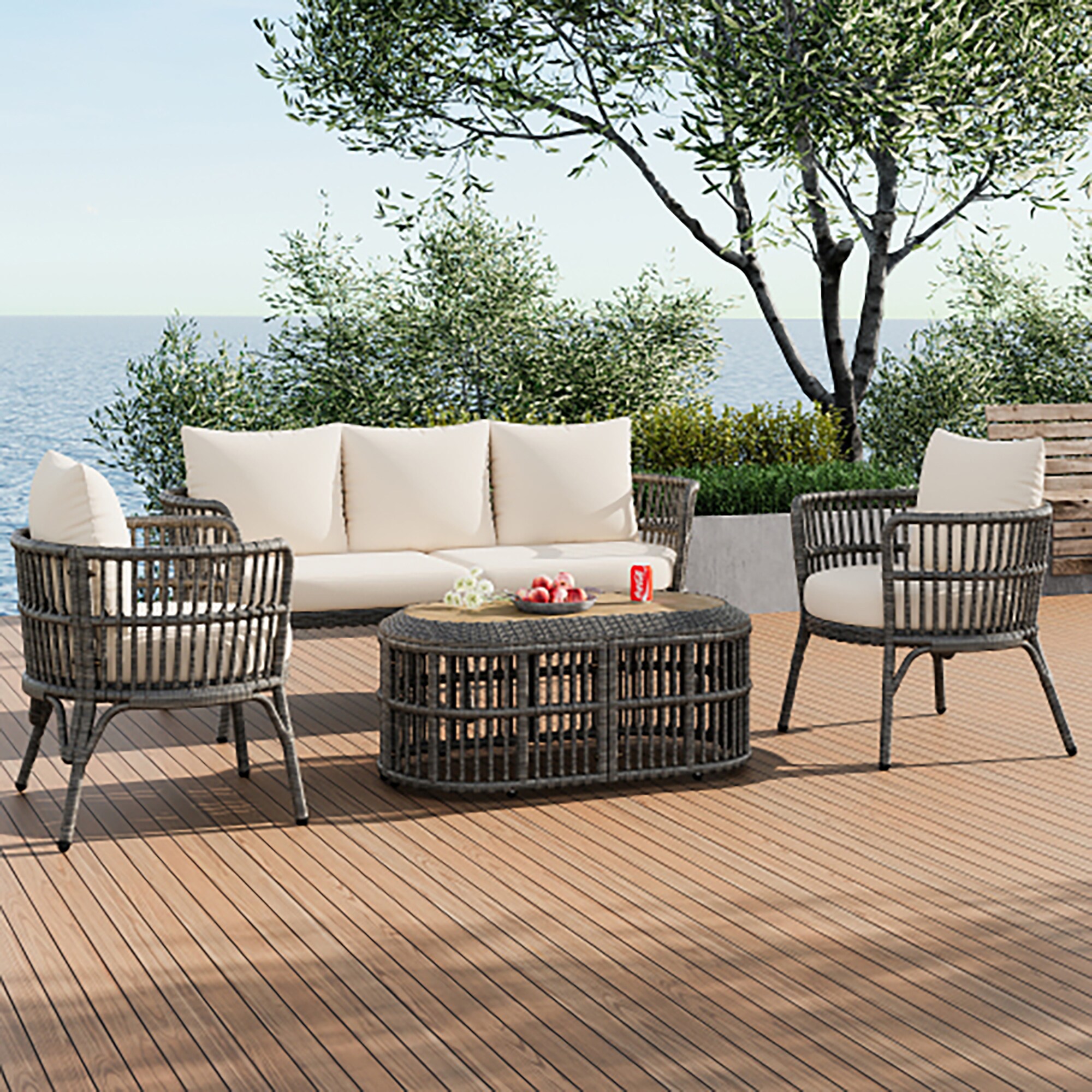 Forclover ALTR-08GR 4 -Piece Wicker Patio Sofa Conversation Set with Off-white Cushions