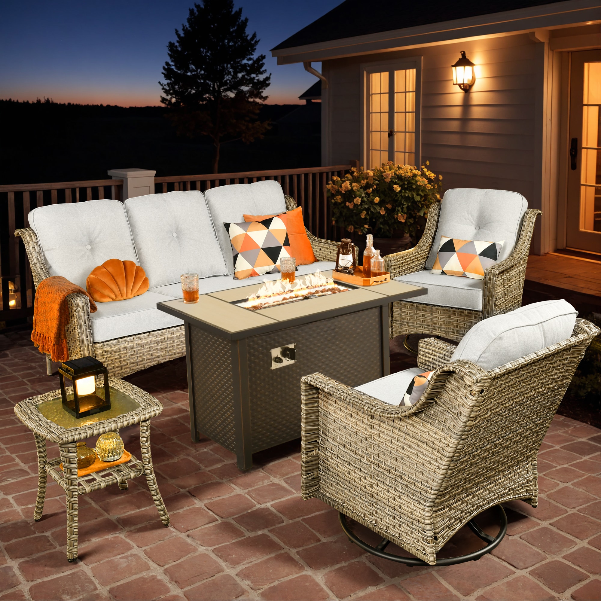 Ovios RFP03PD4-4Y 5 -Piece Rattan Patio Sofa Conversation Set with Light Gray Cushions