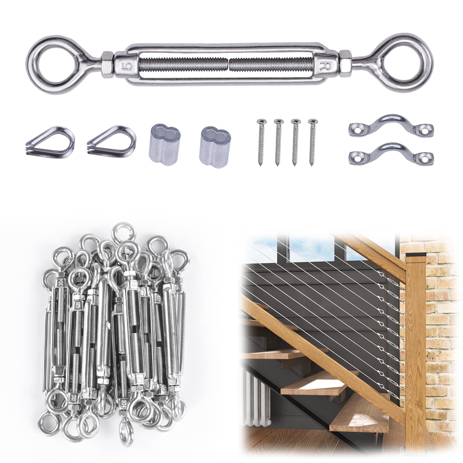 Oyezvary  20 Set One Eighth Cable Railing Hardware Kit Heavy Duty Turnbuckle M5 Eye to Eye for Wood Post T304 Stainless Steel Deck Cable Railing