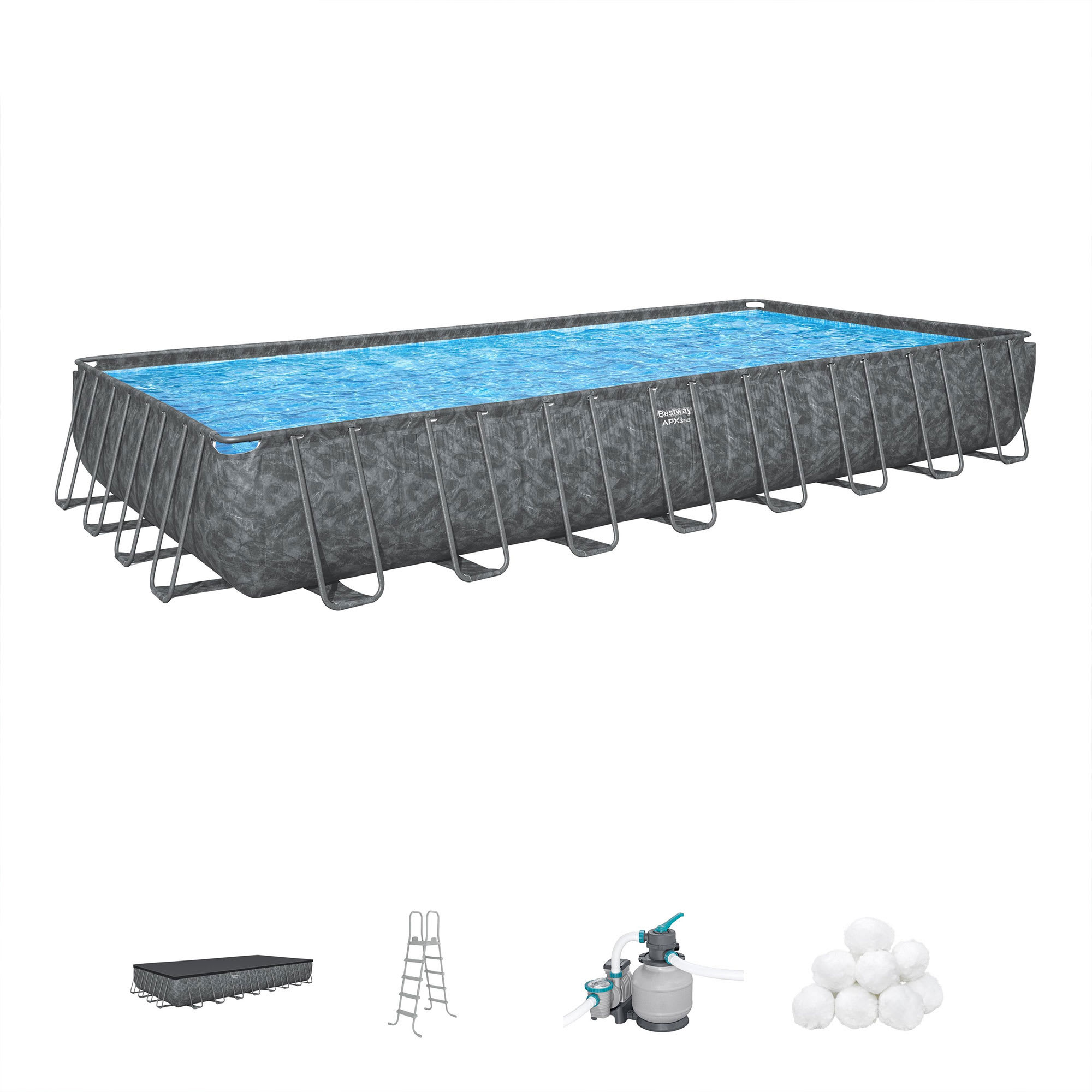 Bestway 404539 APX 365 Rectangular Swimming Pool Above Ground Outdoor Backyard Framed Pool Set with Sand Filter Pump Ladder and Cover 31ft 4 inches x 16ft x 52 inches