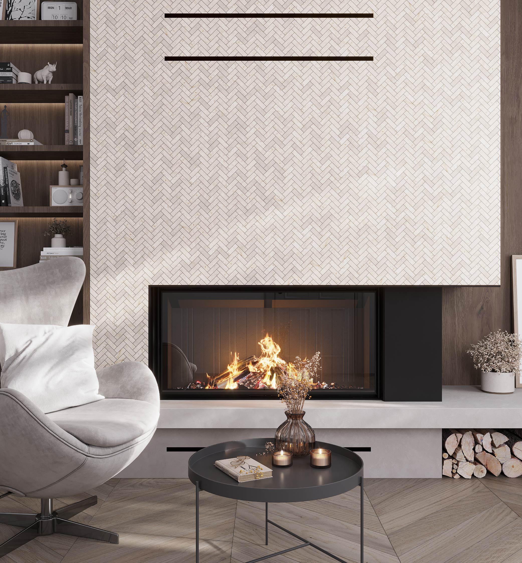 Naples Beige Polished Marble Herringbone Mosaic Tile