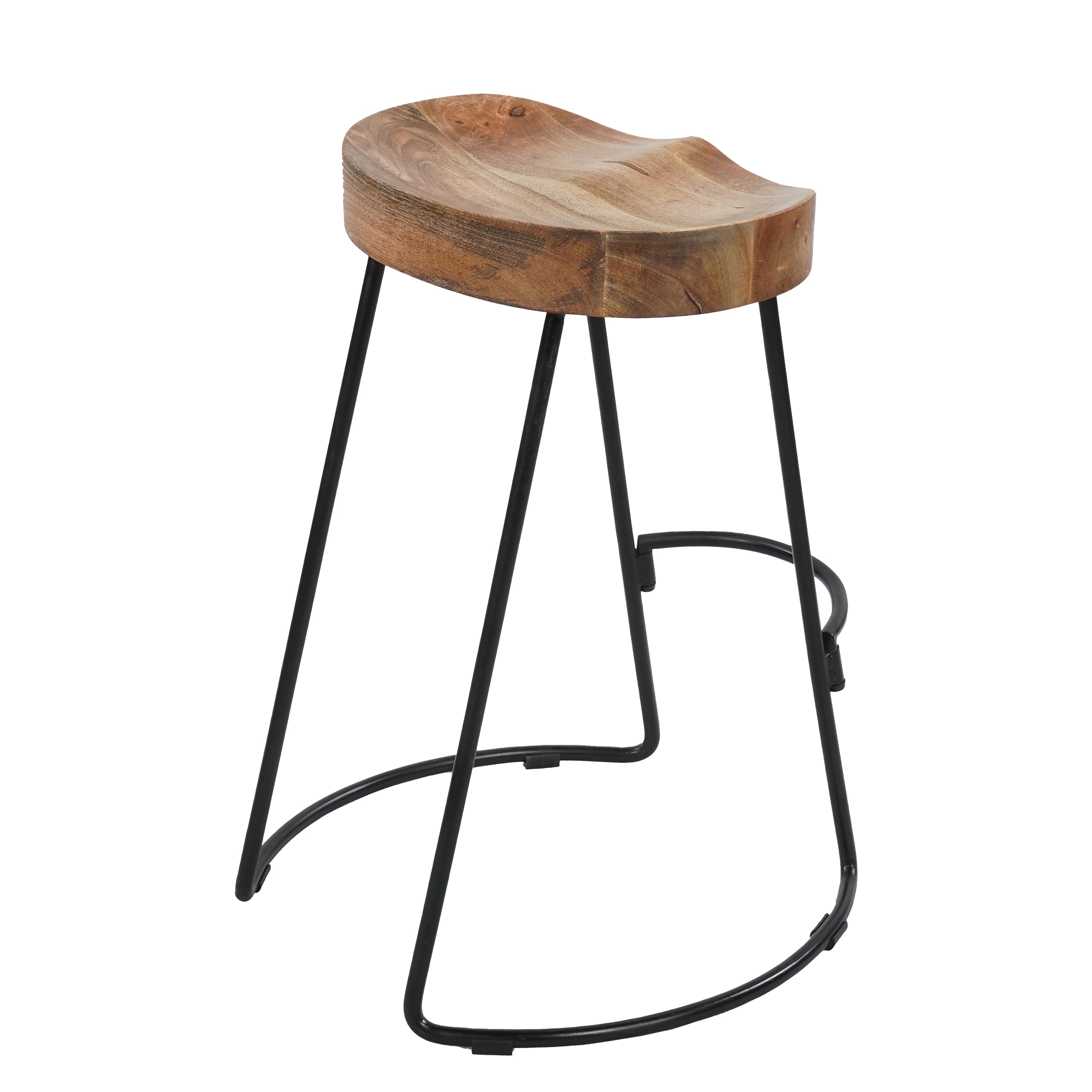 24" Brown and Black Wood Saddle Bar Stool with Metal Legs