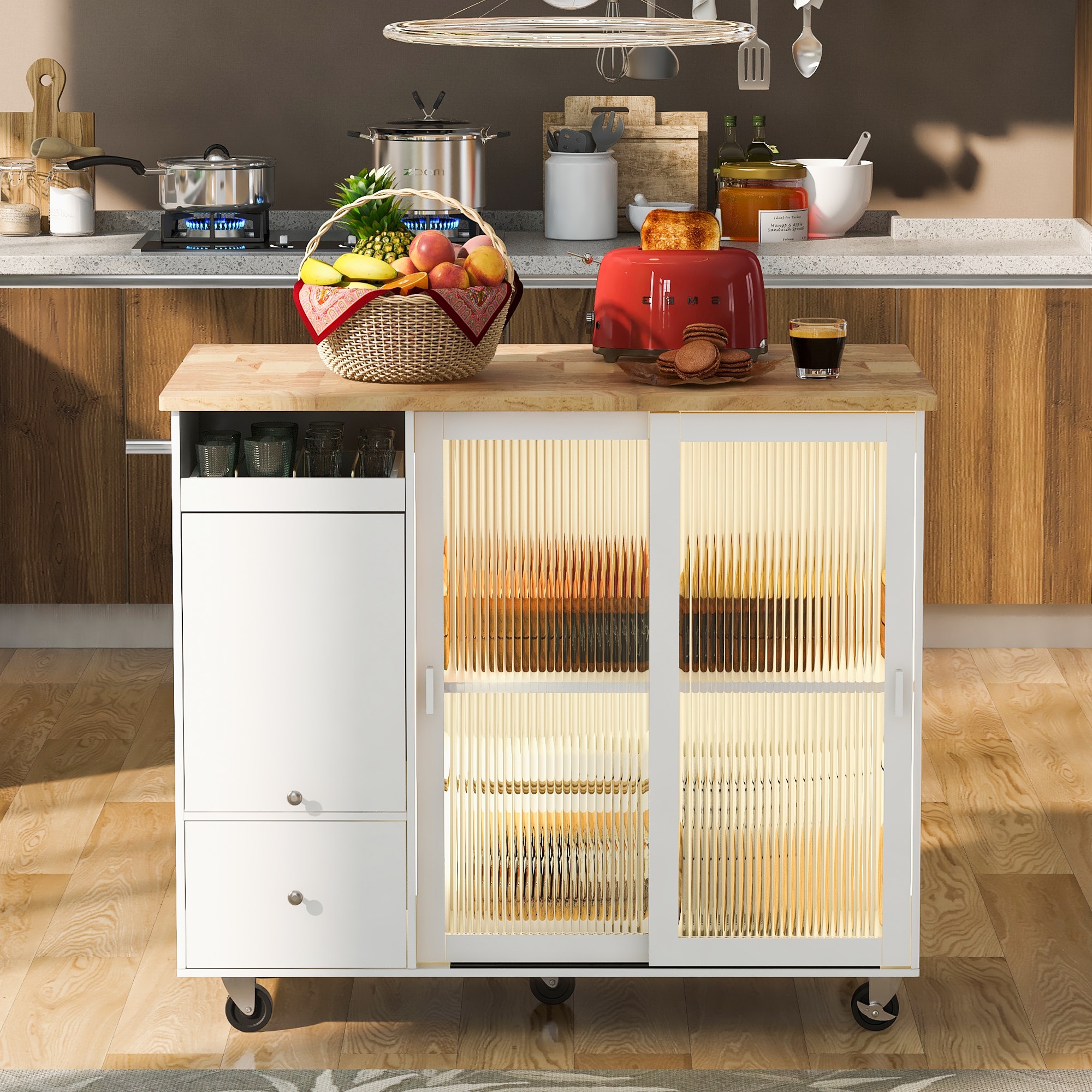 Runesay Blue Mdf Base with Mdf Wood Top Rolling Kitchen Island (26.97-in x 44.03-in x 37-in)