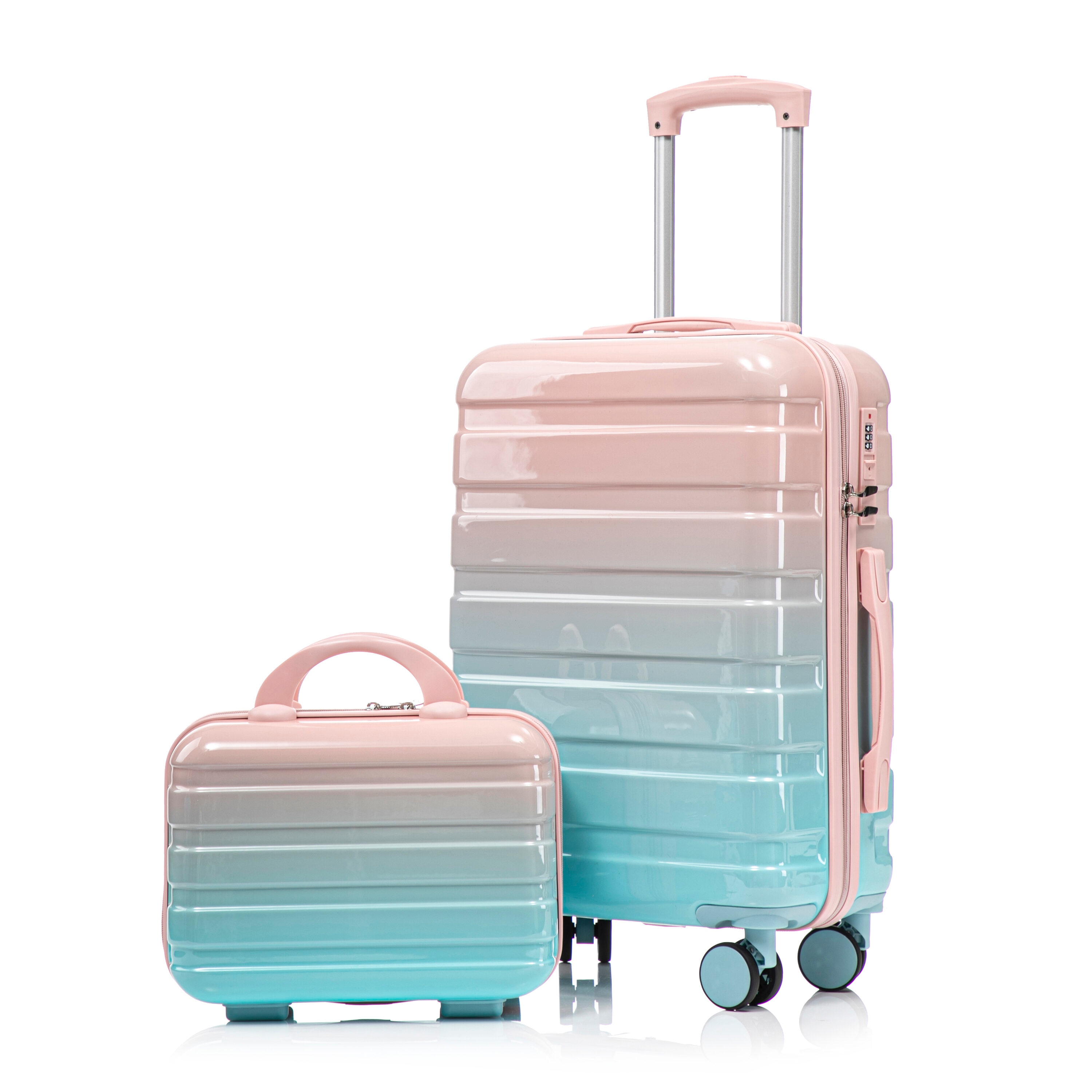 Tinyhomie 14in/20in 2 set in PC Spinner Wheel Luggage Carry on Suitcase With Gradient Color and Combination Lock Blue and Pink
