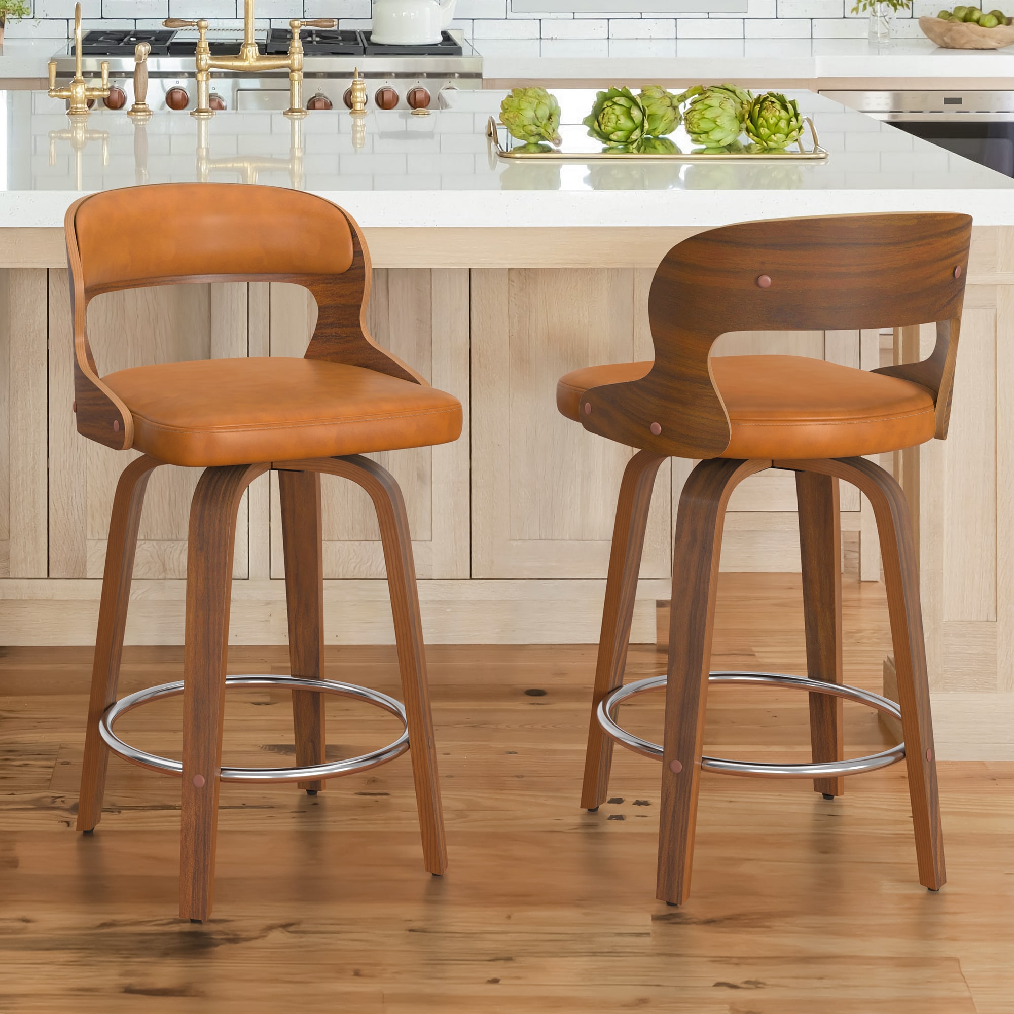LUE BONA YB-042-06LS Set of 2 Brown/Faux Leather 26-in H Counter height (24-in to 27-in) Square Seat Upholstered Swivel Wood Back Bar Stool Back