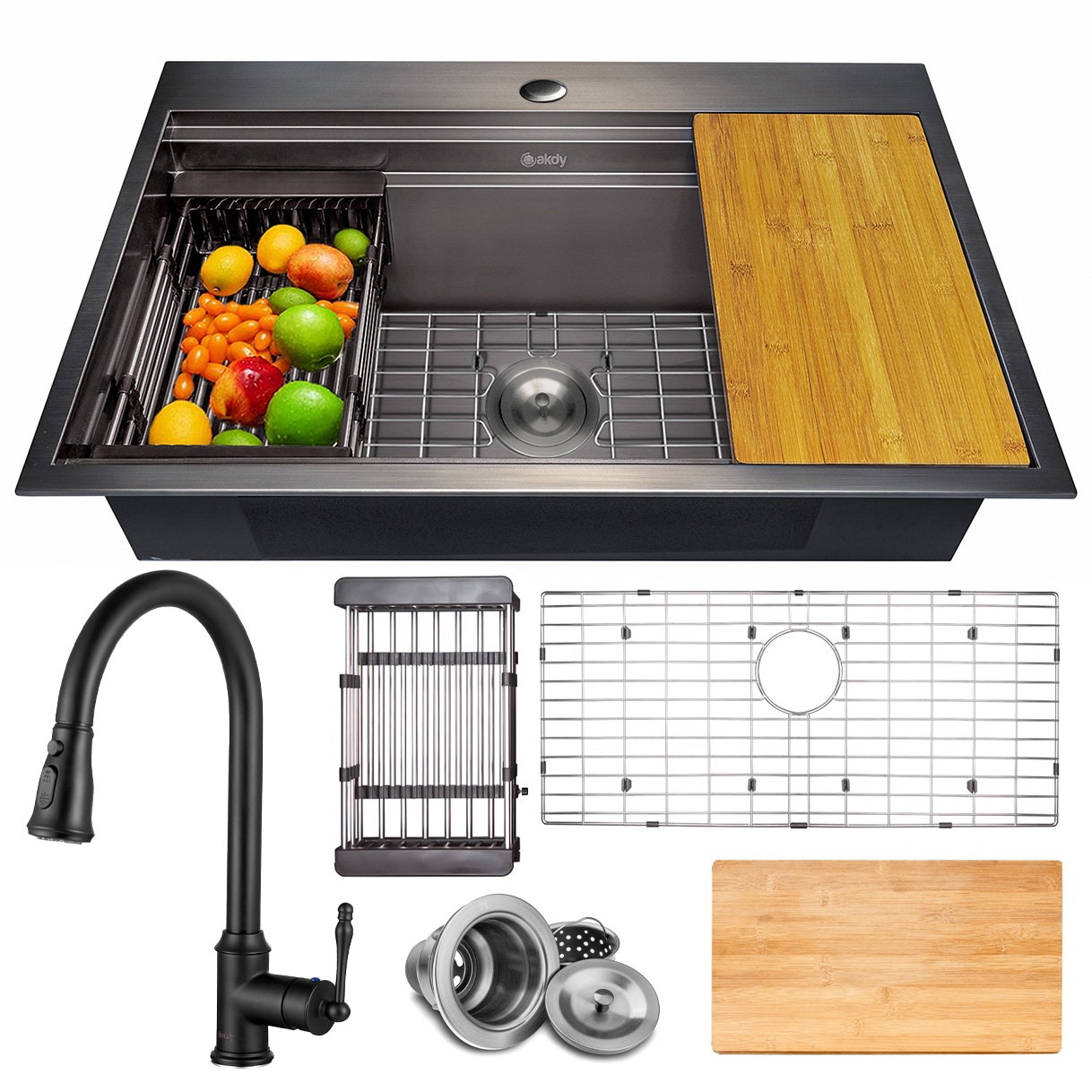 AKDY KS0507-KF16 Drop-in 33-in x 22-in Stainless steel Single bowl Workstation Kitchen Sink All-in-One Kit