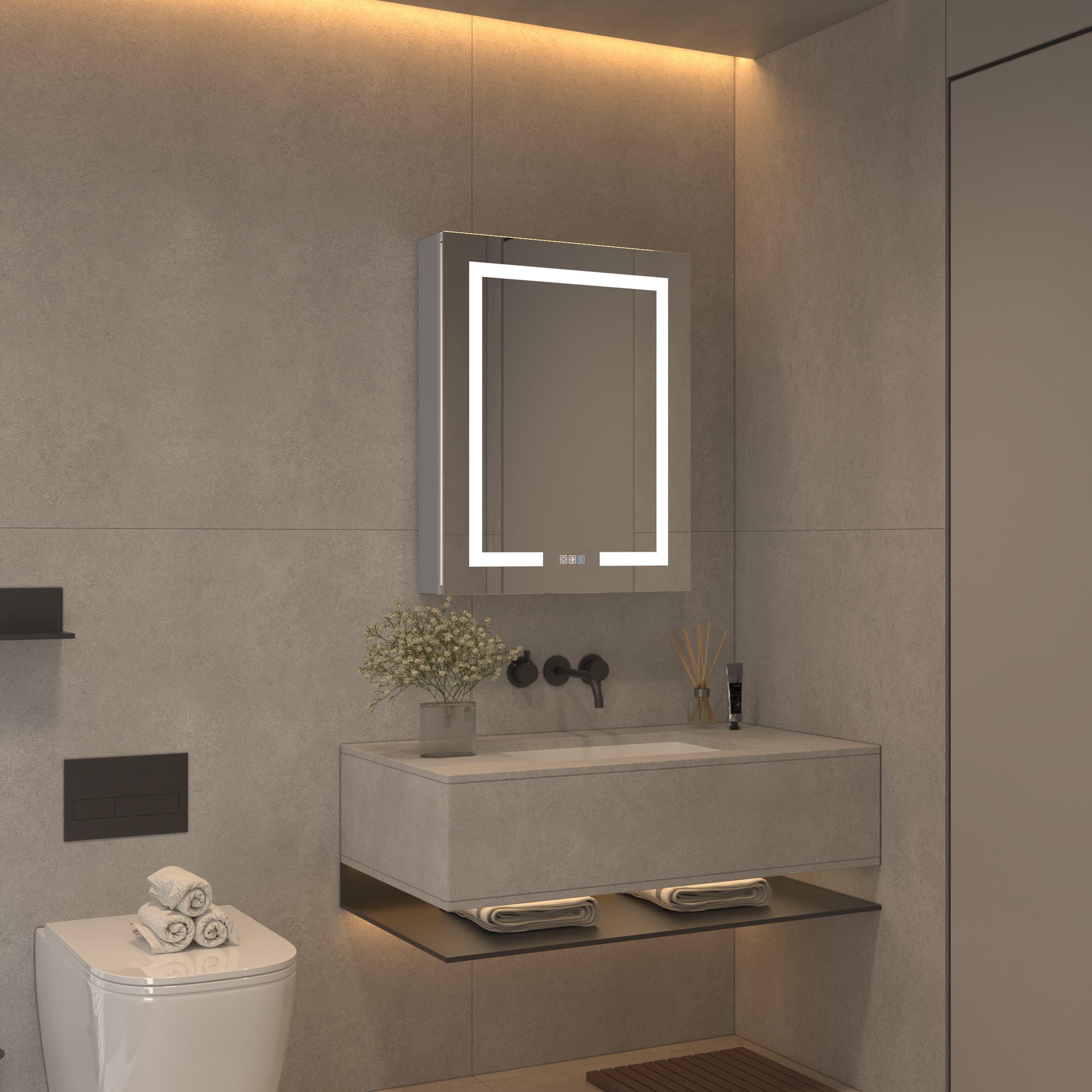 AAZJ V4 24-in x 30-in Lighted LED Fog Free Surface/Recessed Mount Silver Mirrored Soft Close Medicine Cabinet