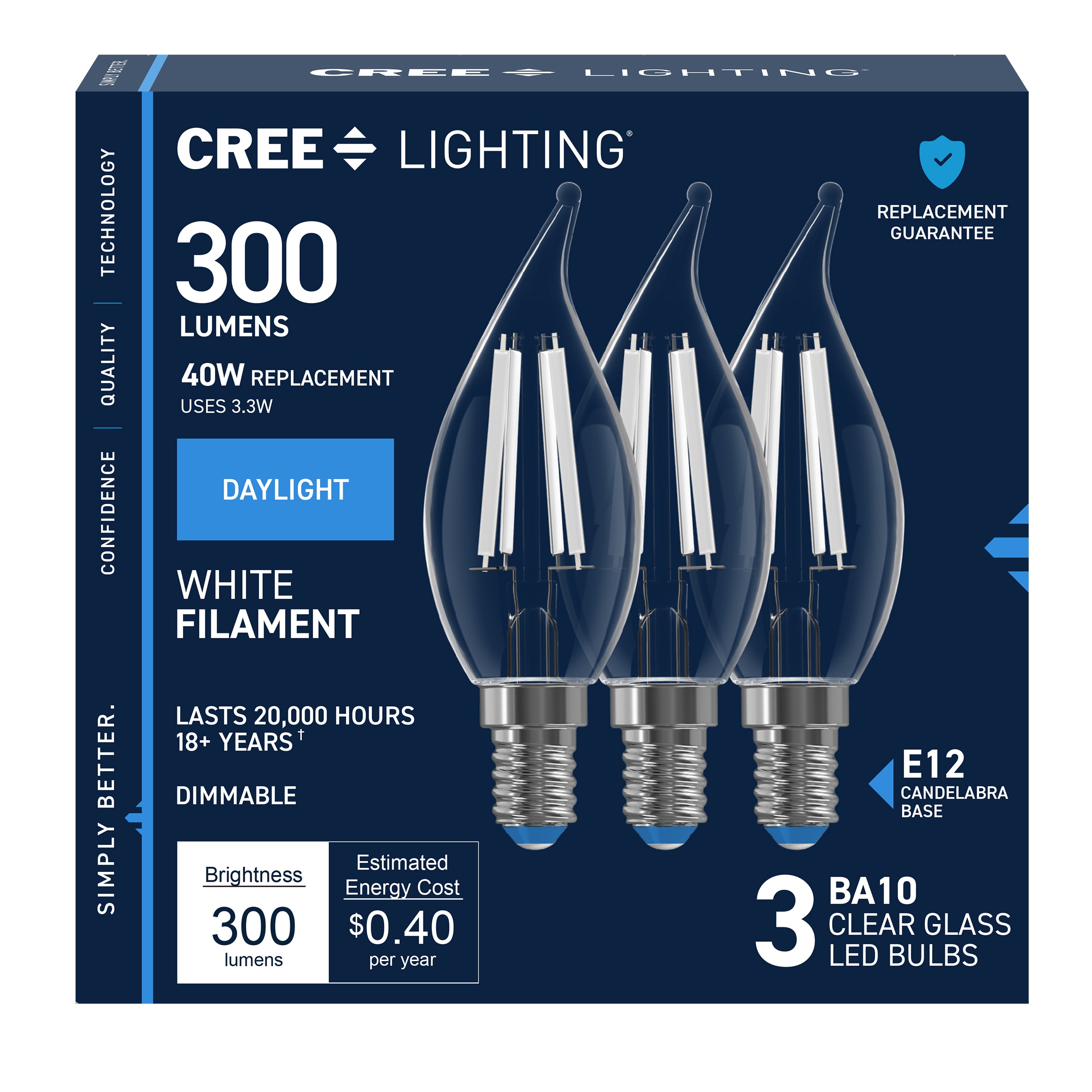 Cree Lighting White Filament 40 -Watt EQ B10 Daylight Candelabra screw base E12 Dimmable LED Decorative Light Bulb 3 -Pack