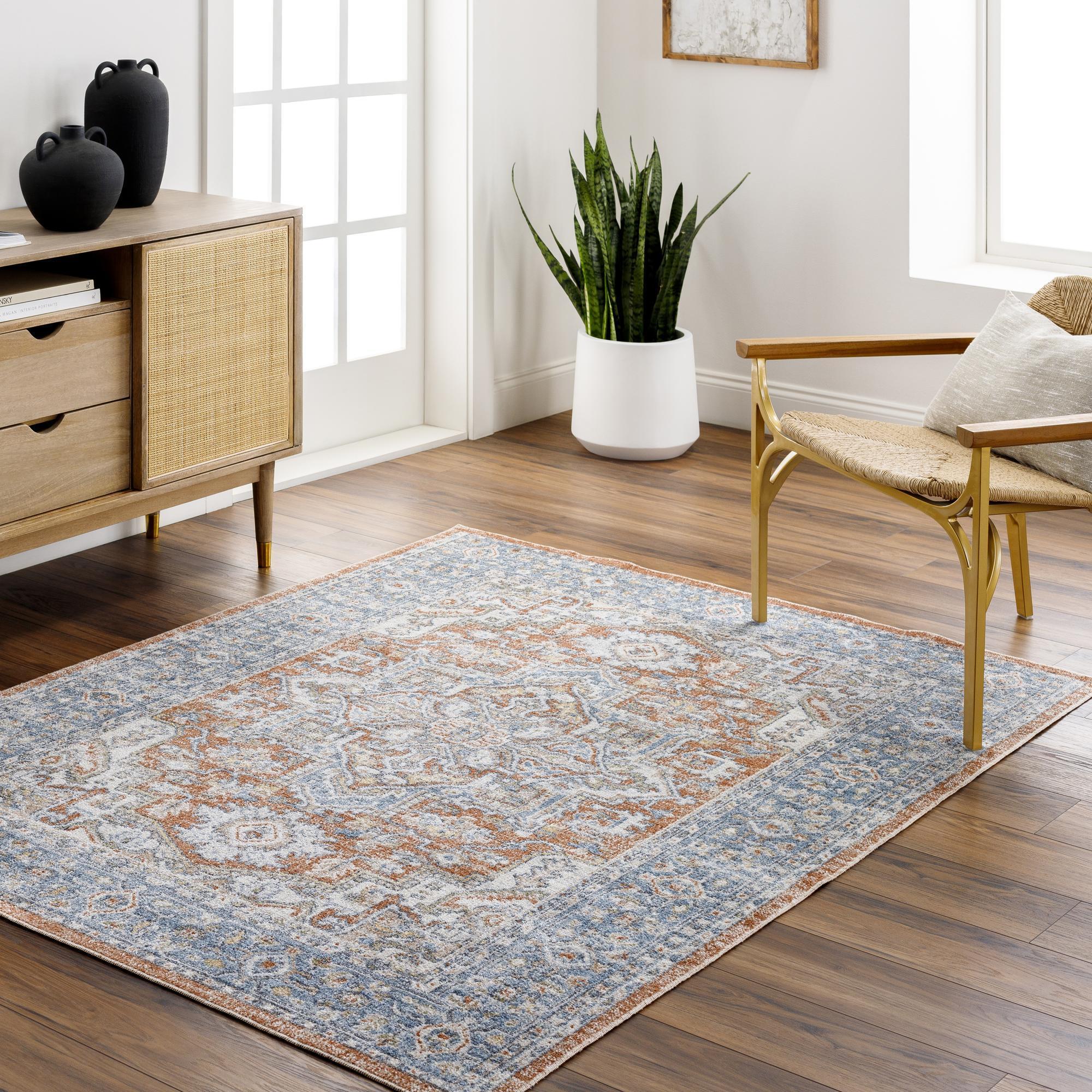 Blue Rectangular Synthetic Easy Care Washable Rug