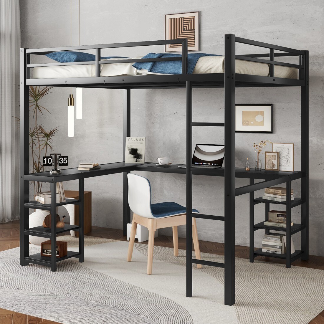 Huluwat - XJ Black Full Metal Loft Bed with Desk Shelves Ladder and Guardrails for Bedroom