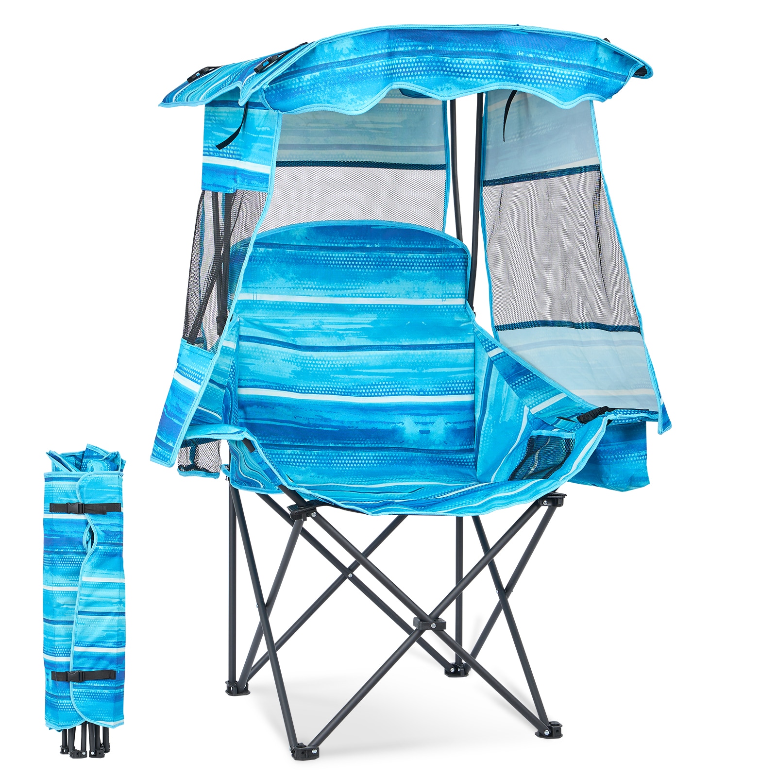 MOONCOOL  Portable Folding Beach Chair with Canopy Shade Reclining Camping Chair with Cooler Bag and Cup Holder for Adults Outdoor Lounger for Beach Camping Sports Tailgates Fishing Blue Stripes