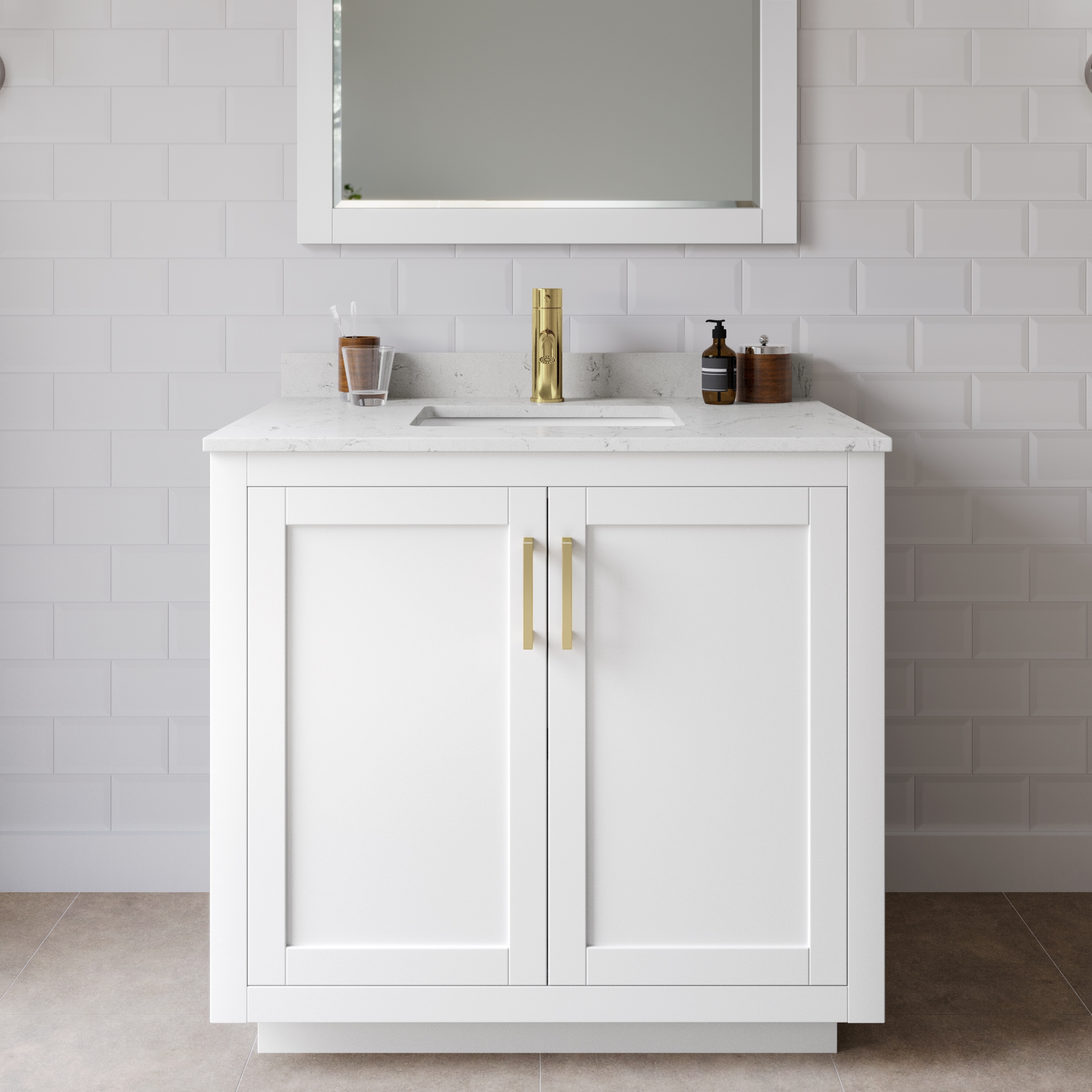 Wyndham Collection WCF292936SWGC2UNSMXX Miranda 36-in White with Brushed Gold Trim Undermount Single sink Bathroom Vanity with Carrara Cultured Marble Cultured marble Top