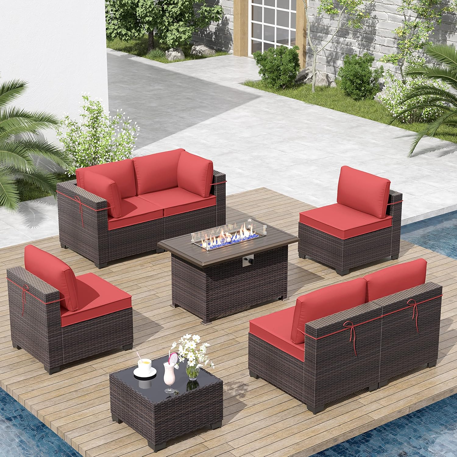 ALAULM LS-7+FP-RED 8-Piece Rattan Patio Conversation Set with Red Cushions