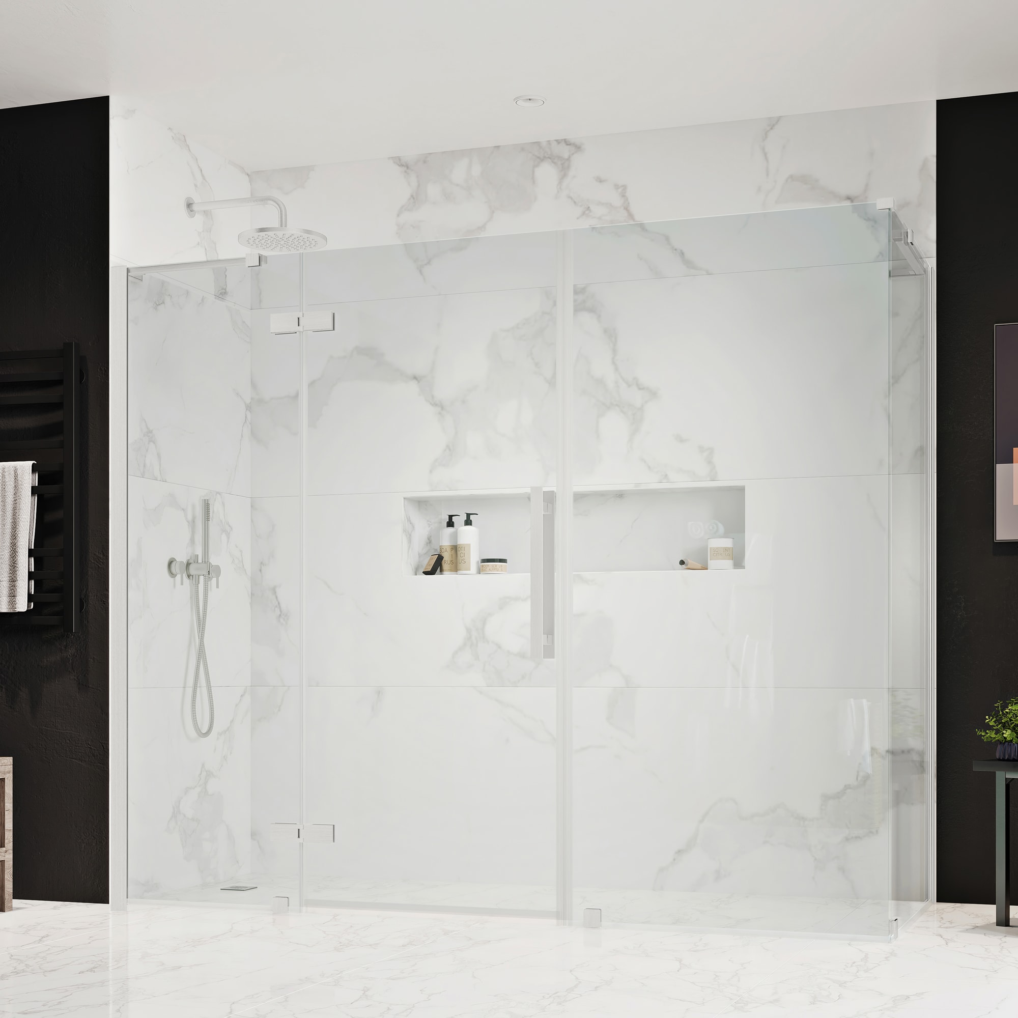 Tampa 90" Satin Nickel Frameless Corner Shower Kit with Clear Glass Panels
