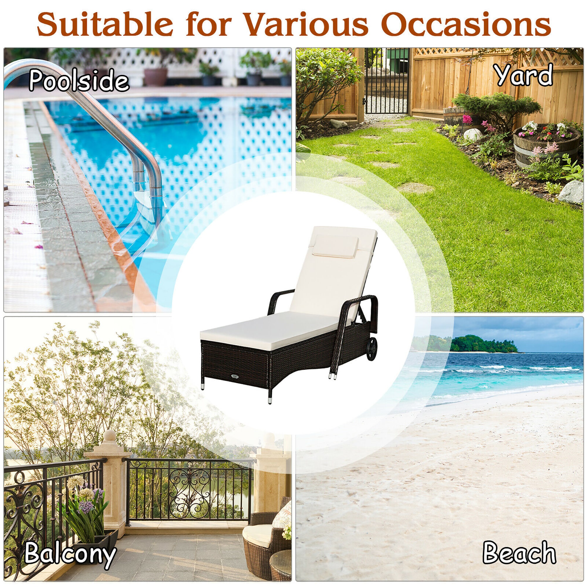 Costway outdoor chaise lounge chair online recliner cushioned patio furniture adjustable wheels