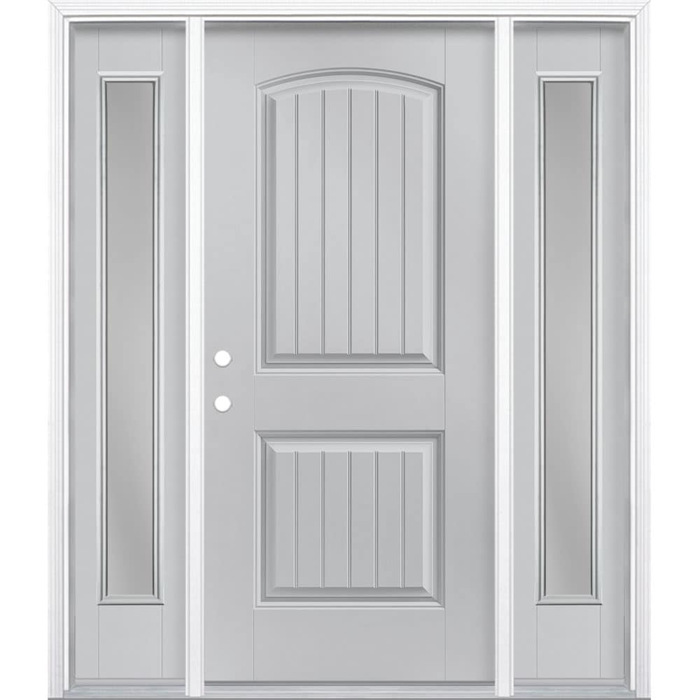 Masonite 1218324 60-in x 80-in x 4-9/16-in Fiberglass No glass Right-hand inswing Infinity Gray Painted Prehung Front Door with Sidelights with Brickmould Insulating core