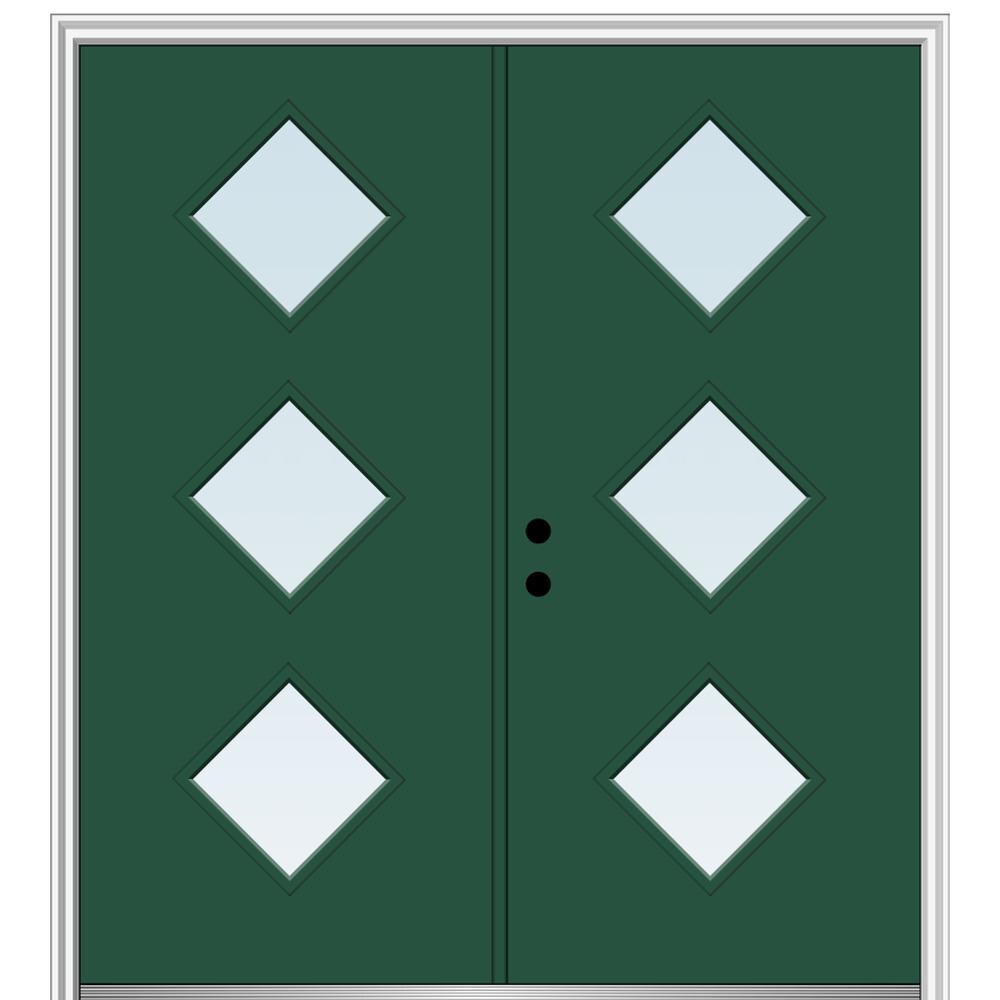 MMI DOOR ZZ349008R Spotlights 64-in x 80-in x 6-9/16-in Fiberglass Pulse lite Right-hand inswing Hunter Green Painted Prehung Double Front Door with Brickmould Insulating core