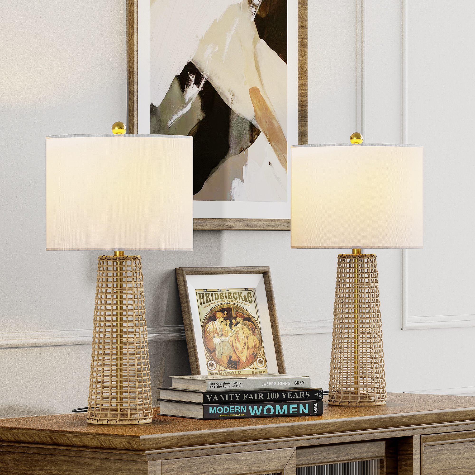 Maxax T212-WD Deluxe 26.5-Inches Brown LED Incandescent Rotary socket Table Lamp with Linen Shade 2 -Set
