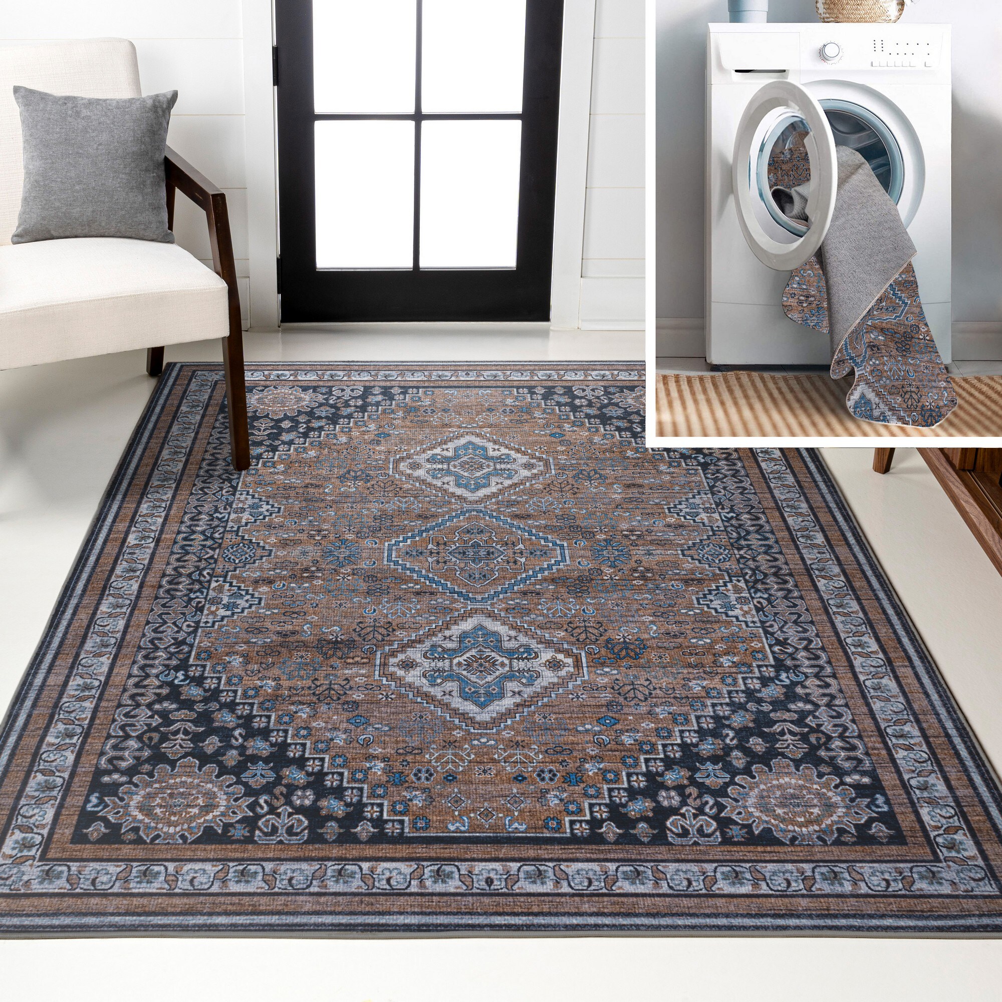 JONATHAN  Y WSH101B-8 WASHABLE Dalyan 8 x 10 (ft) Loomed Brown/Blue/Gray Rectangular Indoor Border Bohemian/Eclectic Machine washable Pet Friendly Area rug