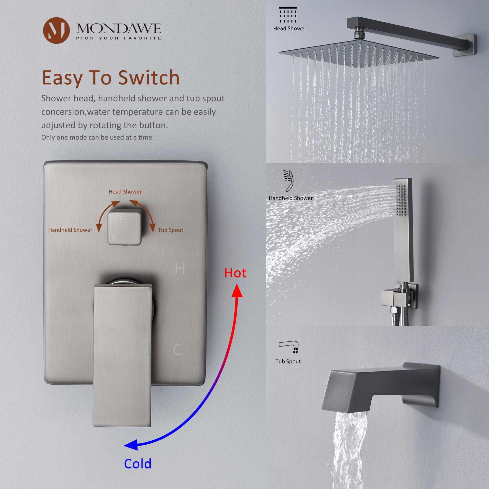 Mondawe Brushed Gray Built-In Shower Faucet System with 3-way Diverter ...