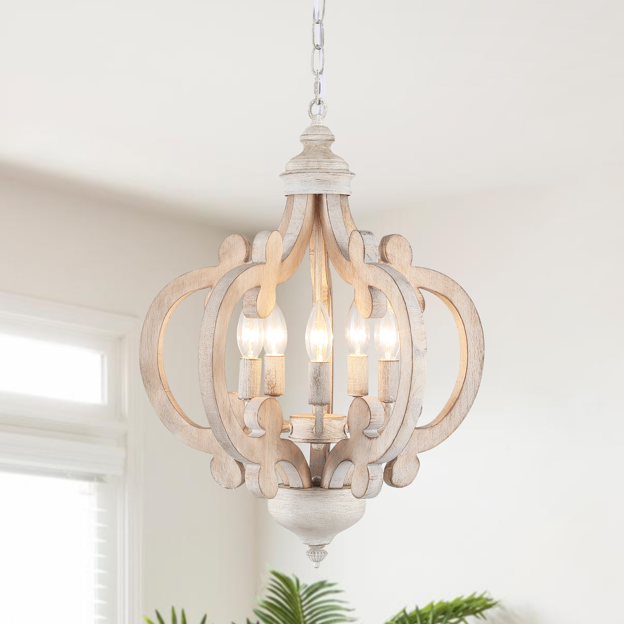 Zjvaive - 17.71inch 5-Light French Country Distressed Gray Chandeliers Lantern With Wooden Frame ...