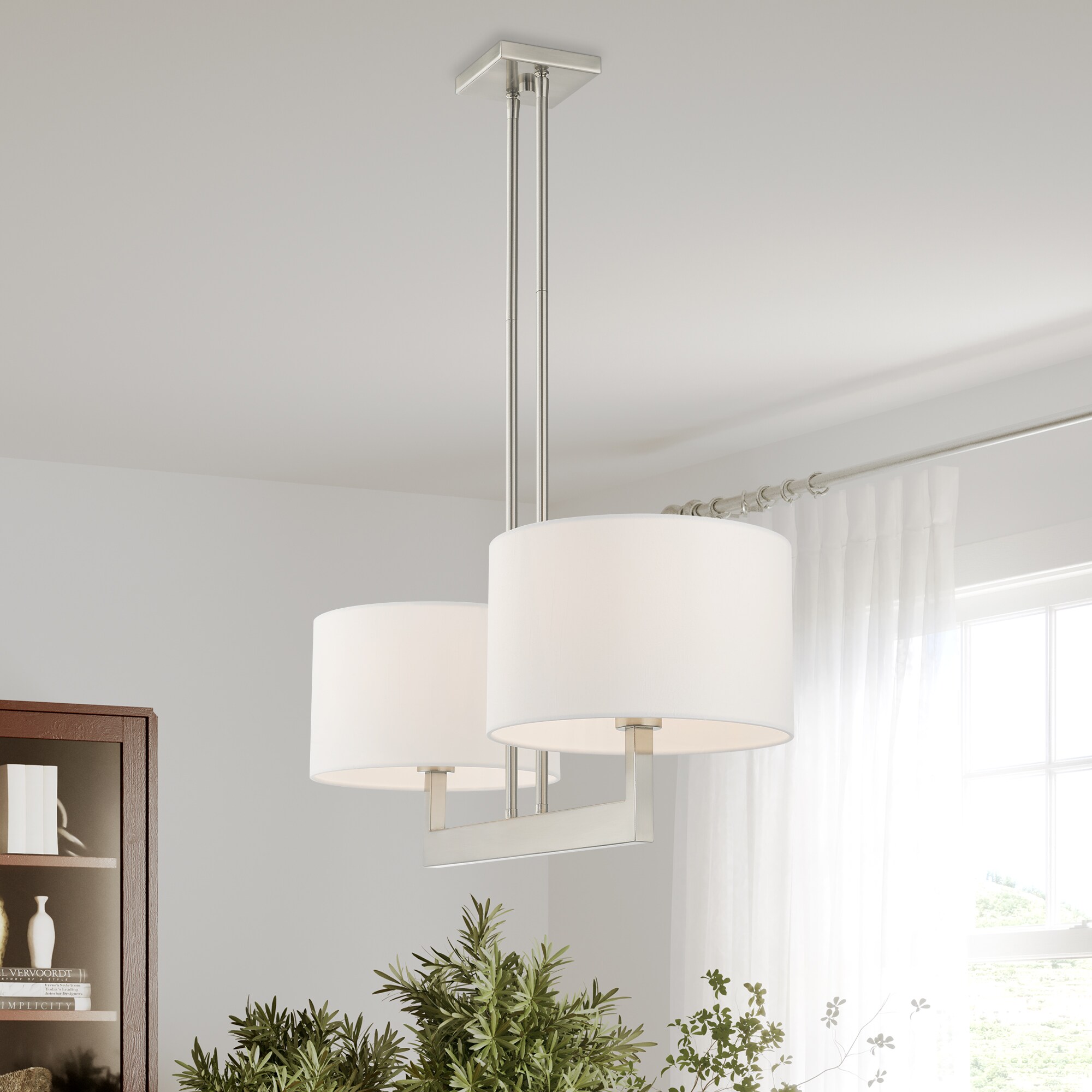Brushed Nickel Contemporary 2-Light Drum Chandelier with Off-White Shade