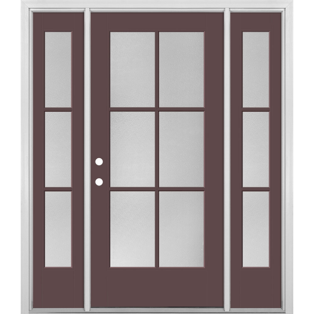 Masonite 1524372 60-in x 80-in x 4-9/16-in Fiberglass Full lite Right-hand inswing Currant Painted Prehung Single door with sidelights Front Door with Brickmould Insulating core Simulated divided light