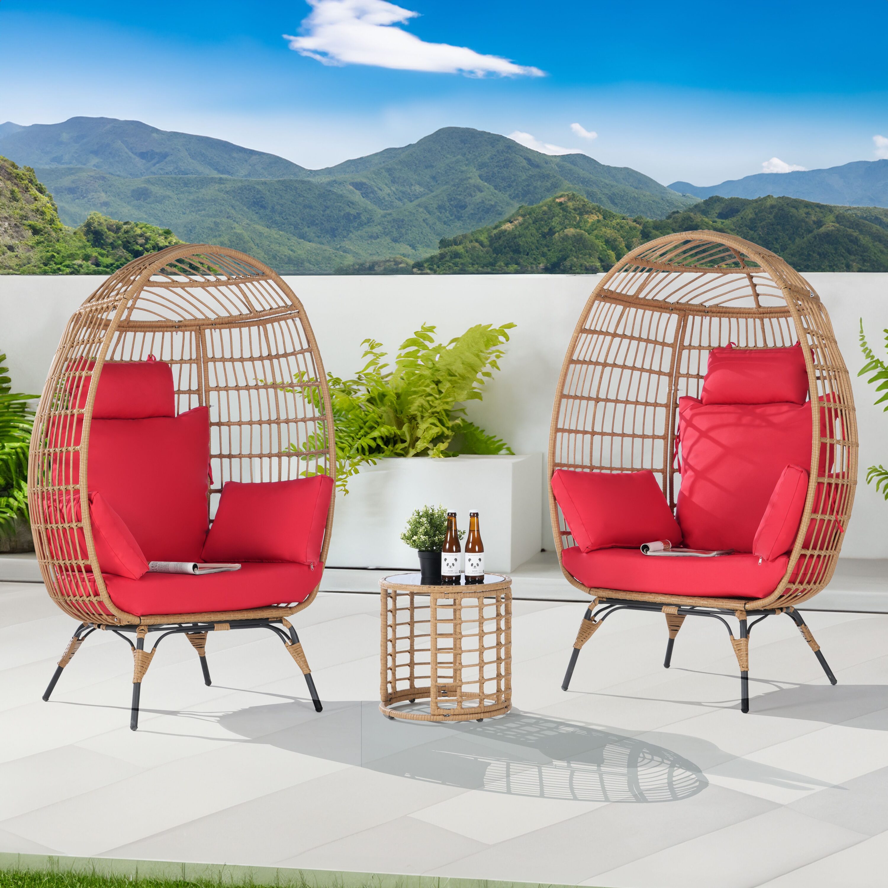 SANSTAR L-JDC57RD-3P 3 -Piece Wicker Patio Conversation Set with Red Cushions