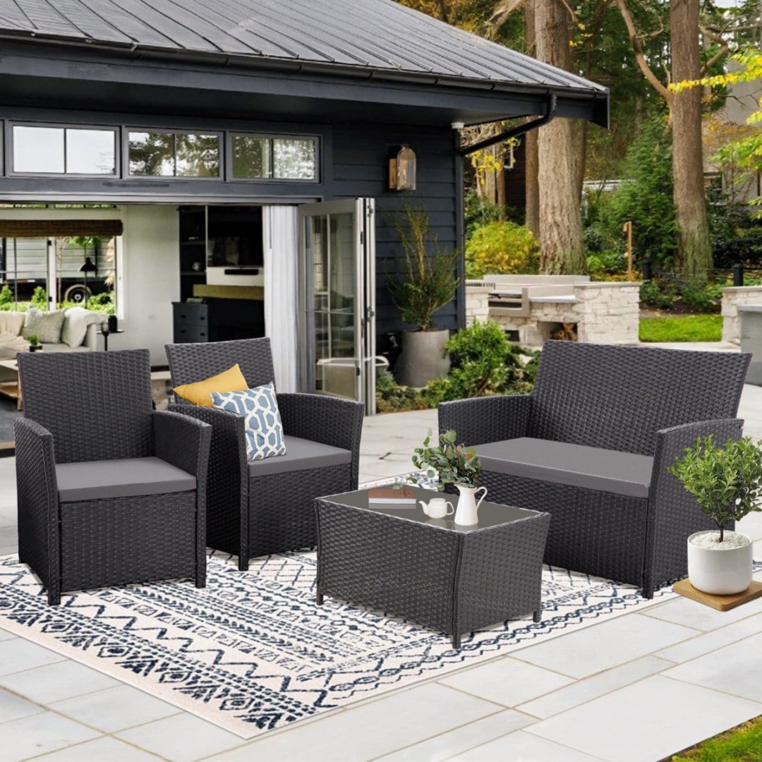 EarlGrove DJ-MZ4004 4 -Piece Wicker Patio Conversation Set with Gray Cushions