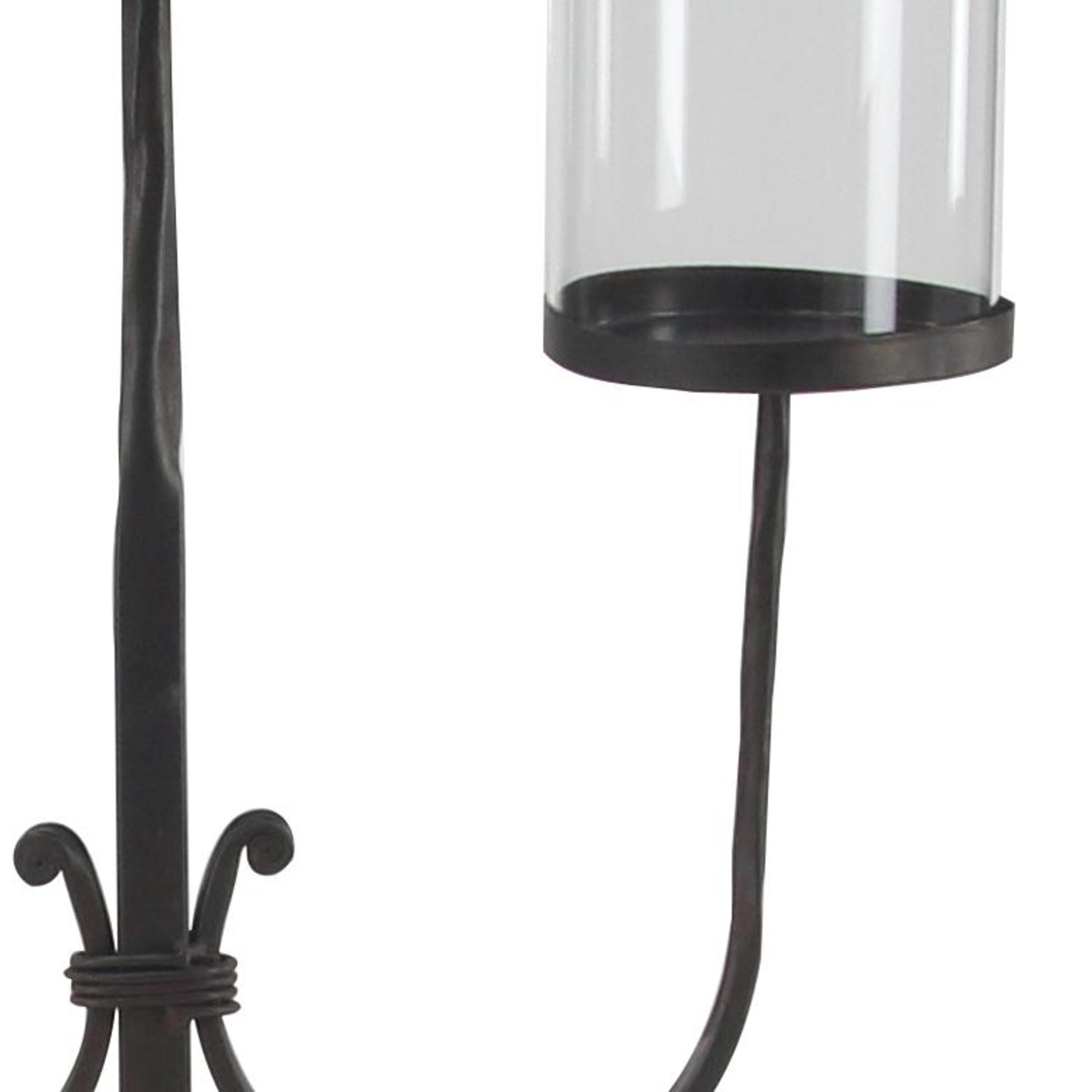 Black Iron 3-Light Hurricane Candelabra with Glass Shades