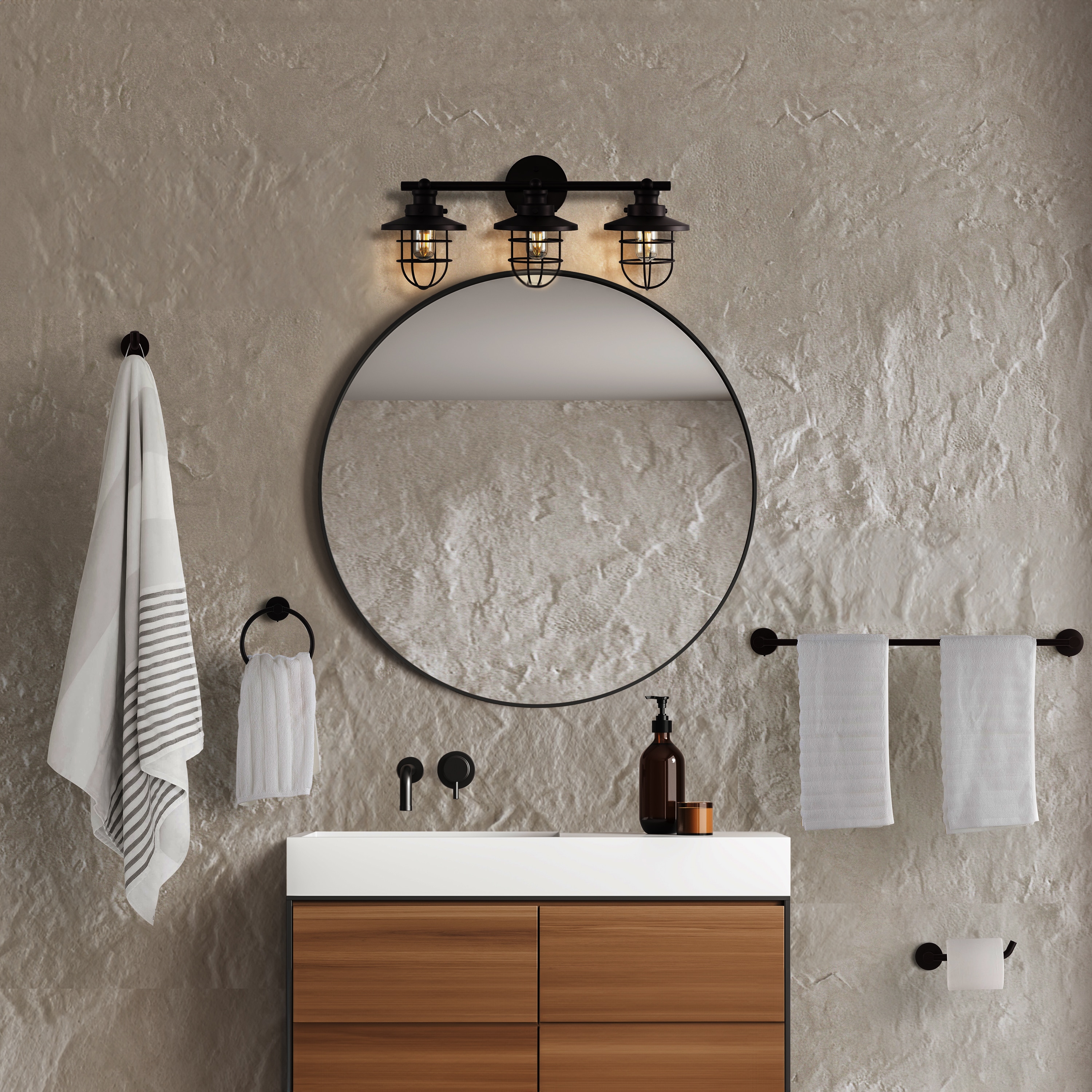 JONATHAN  Y JYL1506A Ellis Industrial Farmhouse 5-Piece Vanity Light Set 24-in 3 -Light Oil-rubbed Black Industrial Vanity light