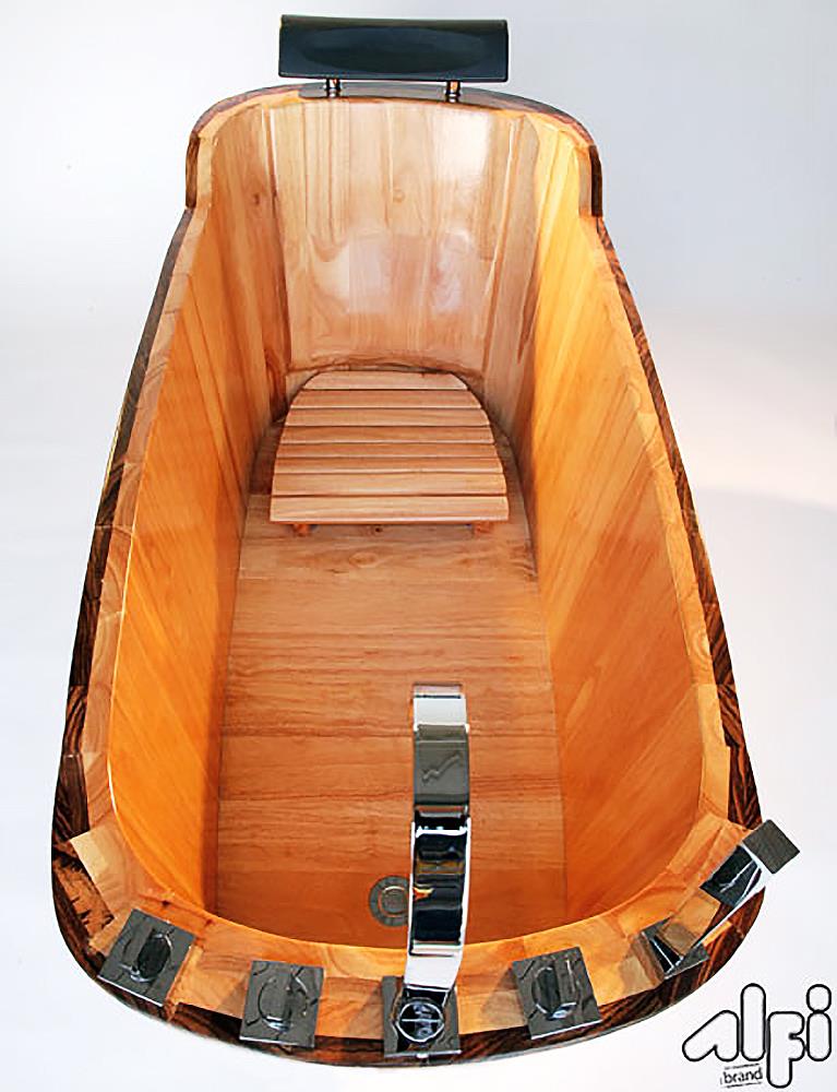 Natural Wood Freestanding Soaking Bathtub with Chrome Faucet