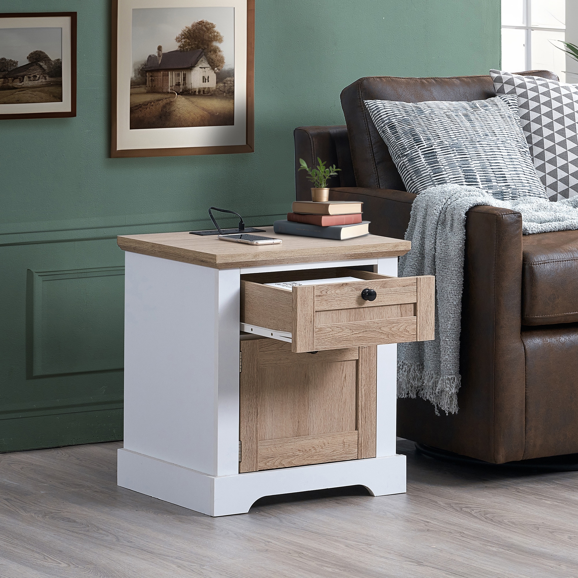 SINOFURN SYA440022BN Oak Natural Wood + OFF White Nightstand