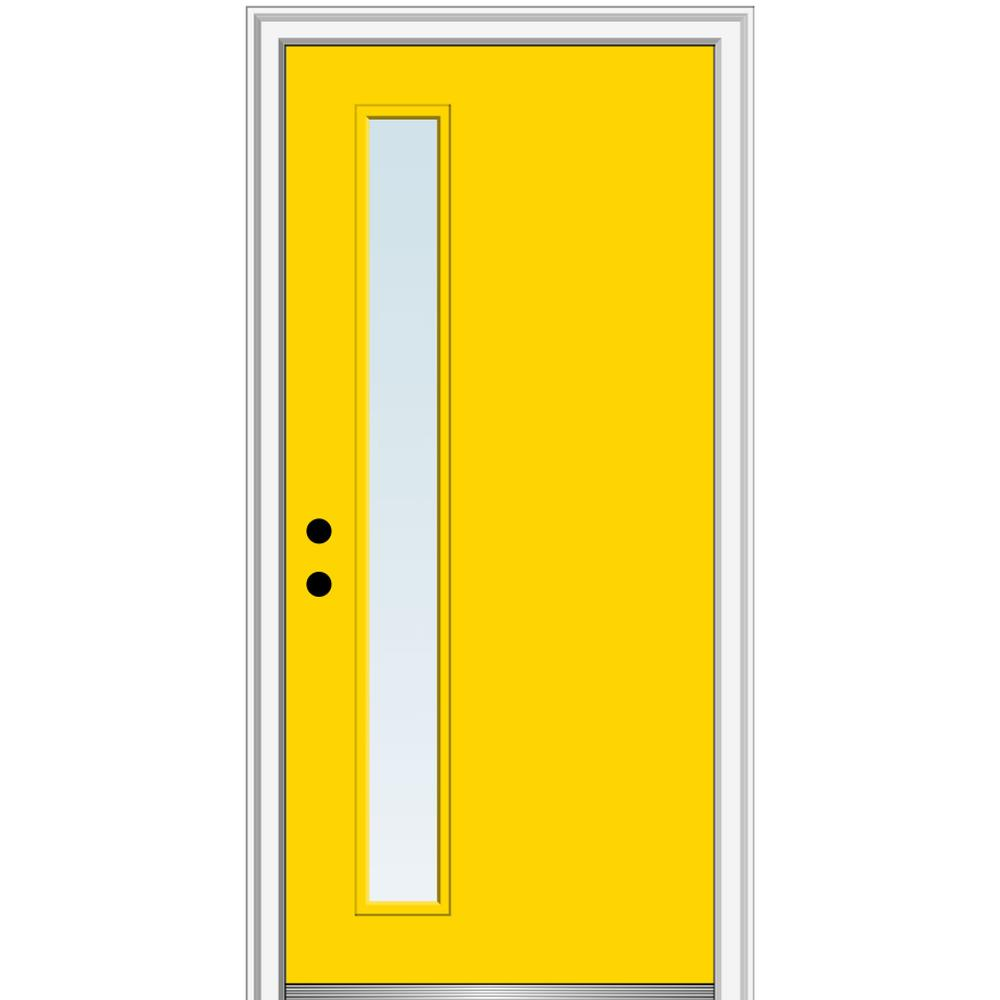 MMI DOOR ZZ348428R Spotlights 30-in x 80-in x 6-9/16-in Fiberglass Pulse lite Right-hand inswing Yellow Flash Painted Prehung Front Door with Brickmould Insulating core