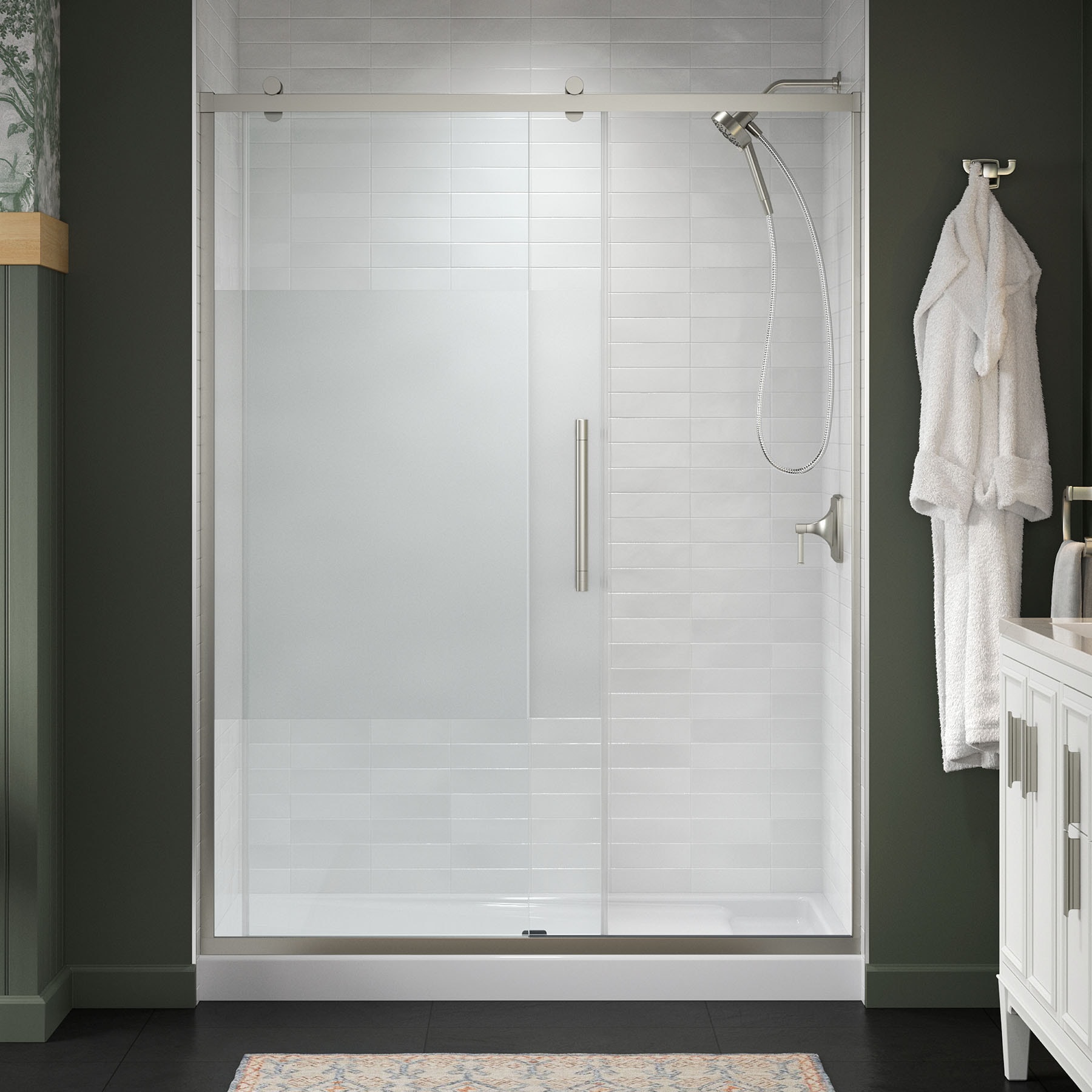 KOHLER 702471-8G81-BNK Premise Anodized Brushed Nickel 56-in to 60-in W x 76.13-in H Frameless Sliding Soft Close Shower Door 5/16-in Thick Clear Glass