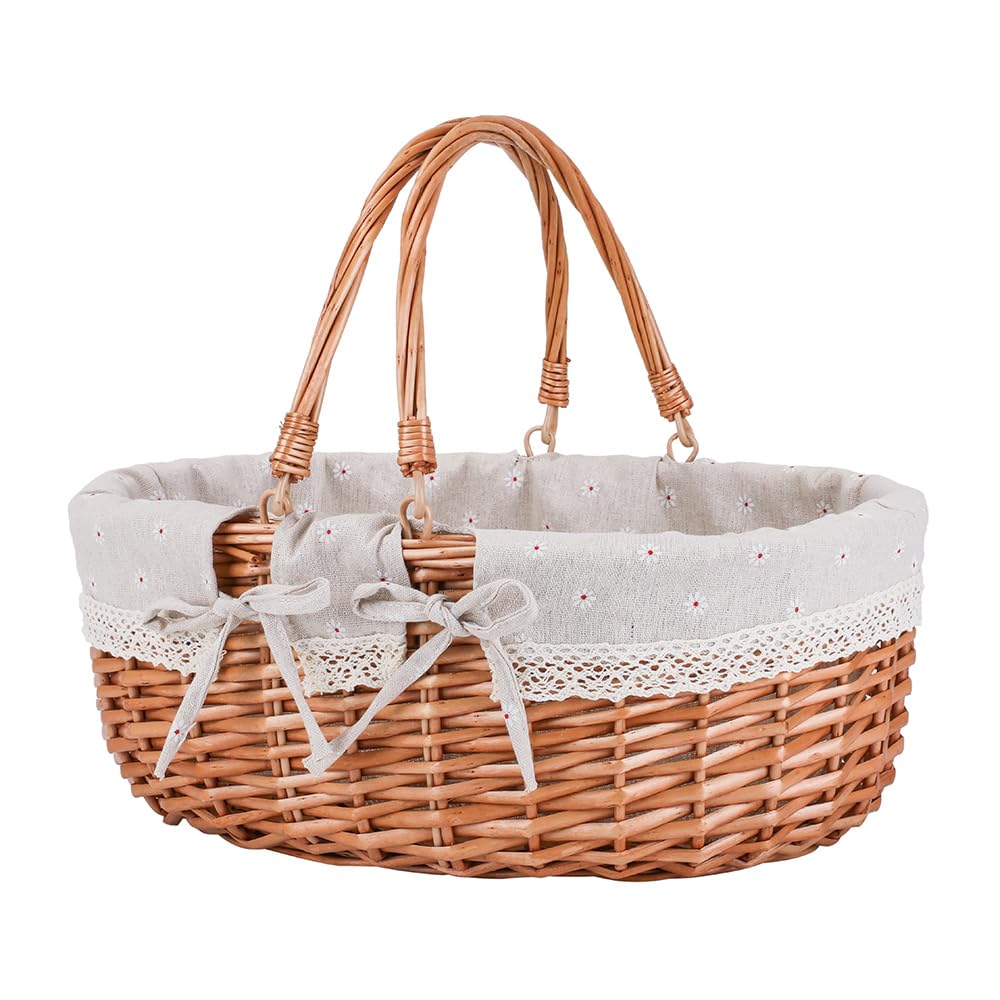 Aoibox  Large White Flower Wicker Picnic Basket 12 5 x 16 5 x 7 9 in with Sturdy Handles and Removable Washable Lining