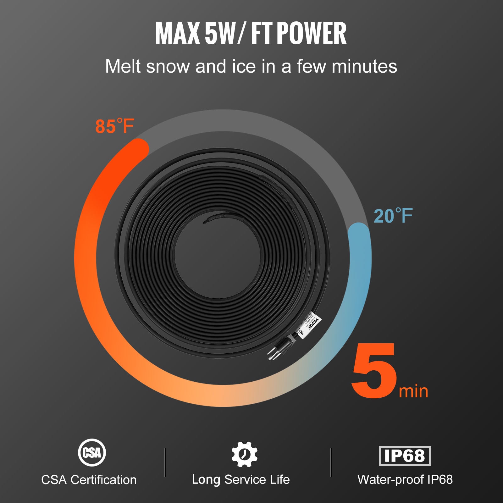 VEVOR Self Regulating Pipe Heating Cable 5W FT 140 Ft Rubber Pipe Heat   65545957 