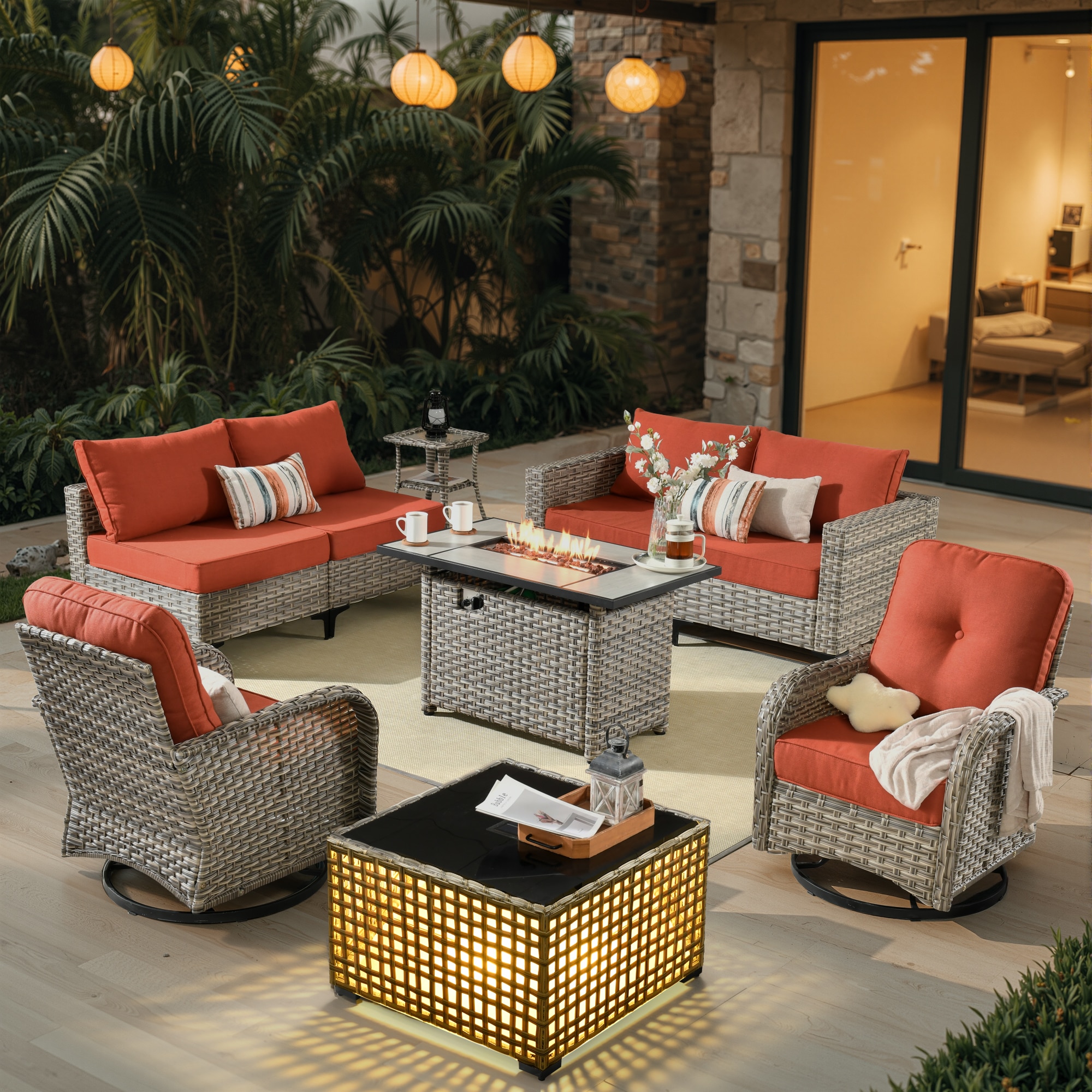 weaxty CFPDSCRRSYZVNC809 Lotus 9 -Piece Wicker Patio Conversation Set with Orange Cushions